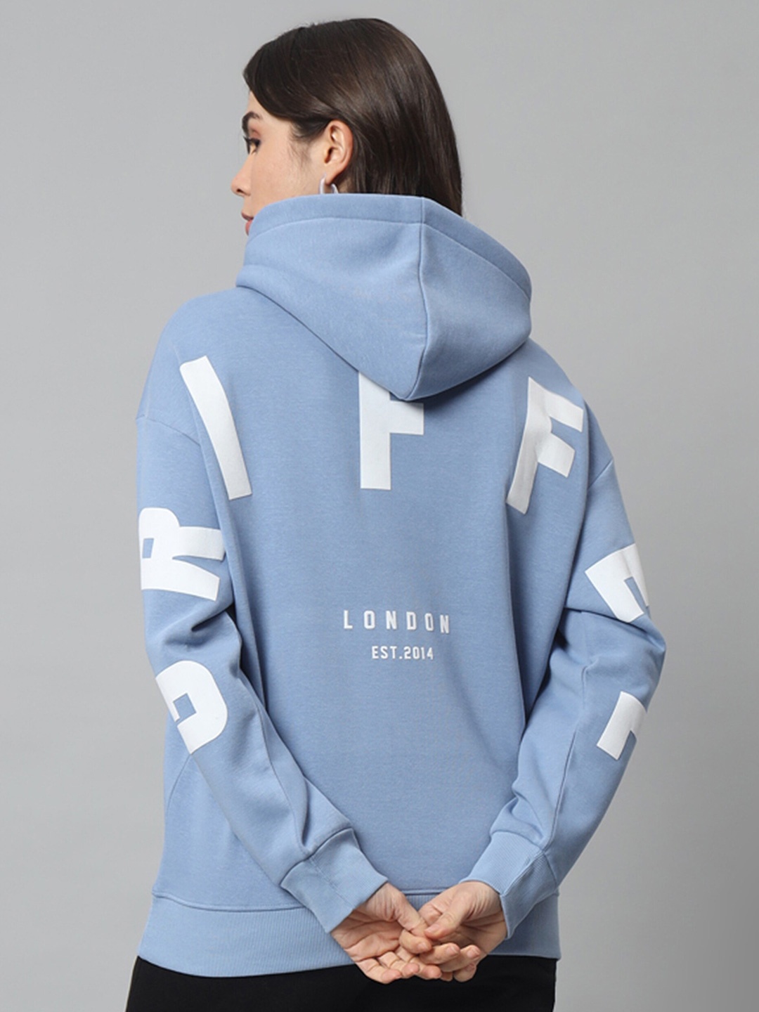 

GRIFFEL Typography Printed Hooded Drop Shoulder Sleeves Fleece Oversized Sweatshirt, Blue