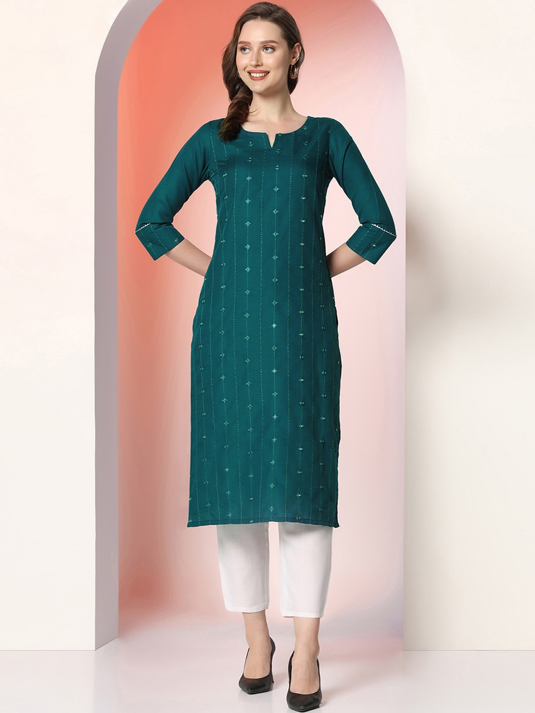 

KALINI Floral Embroidered Notched Round Neck Mirror Work Cotton Straight Kurta, Teal