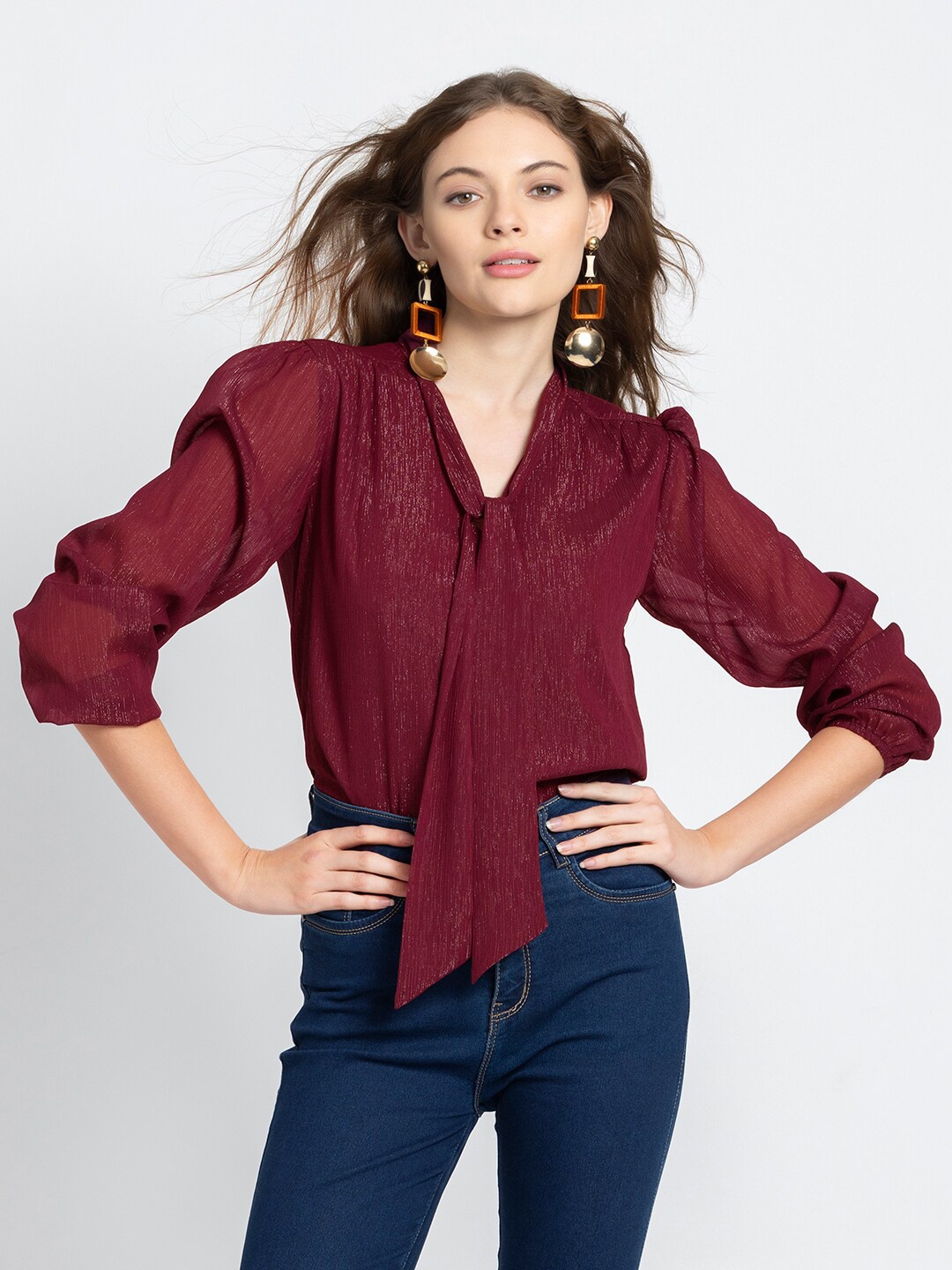 

SHAYE Self Design Puff Sleeve Tie-Ups Chiffon Regular Top, Burgundy