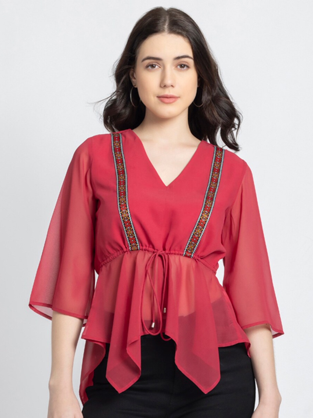 

SHAYE V-Neck Flared Sleeve Waist Tie-Ups Cinched Waist Top, Red