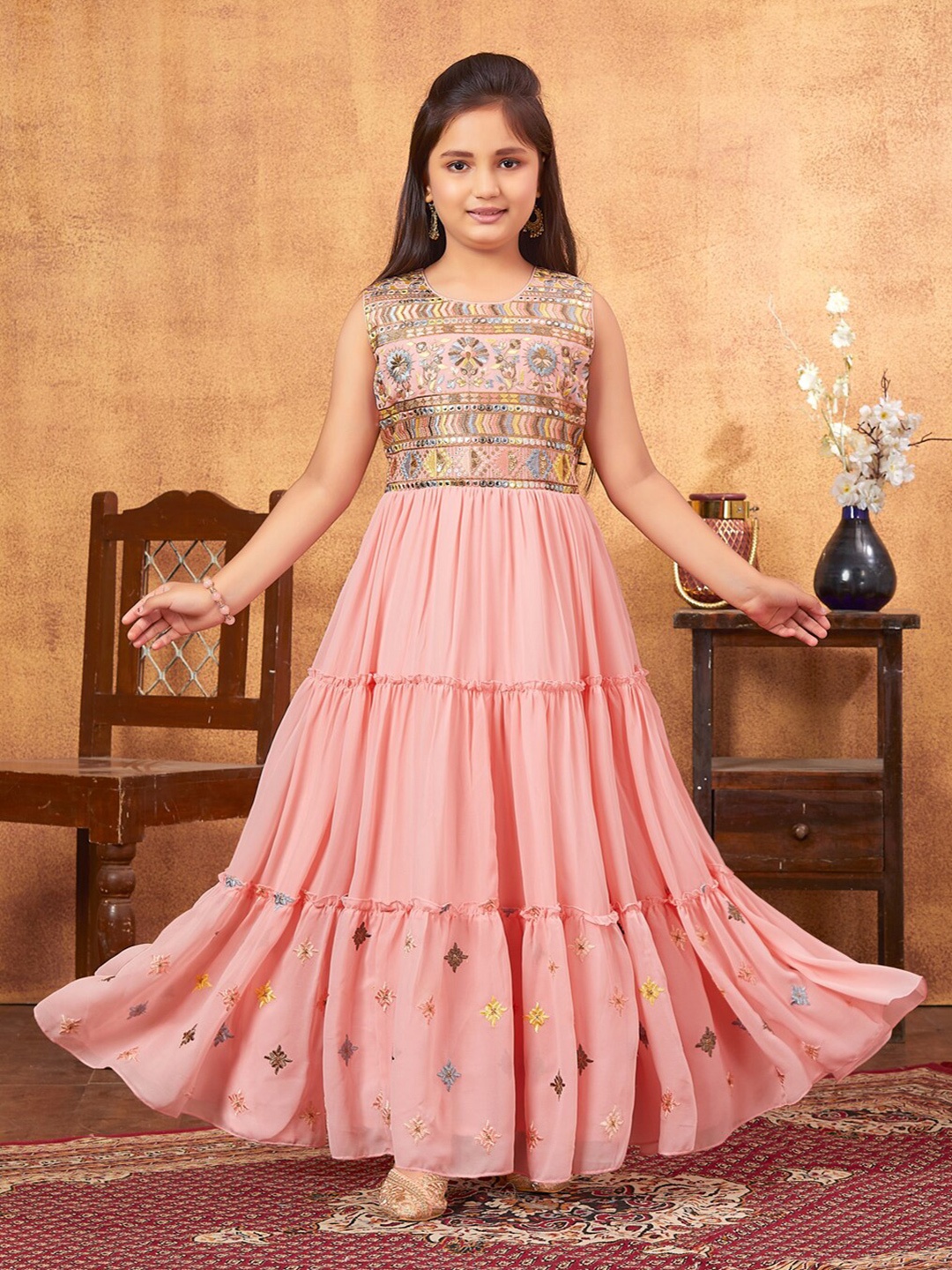 

Aarika Girls Embroidery Mirror Work Tiered Fit & Flare Georgette Dress With Bracelet, Peach