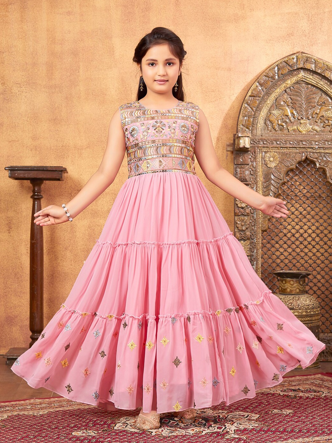 

Aarika Girls Embroidery Mirror Work Tiered Fit & Flare Georgette Dress With Bracelet, Pink