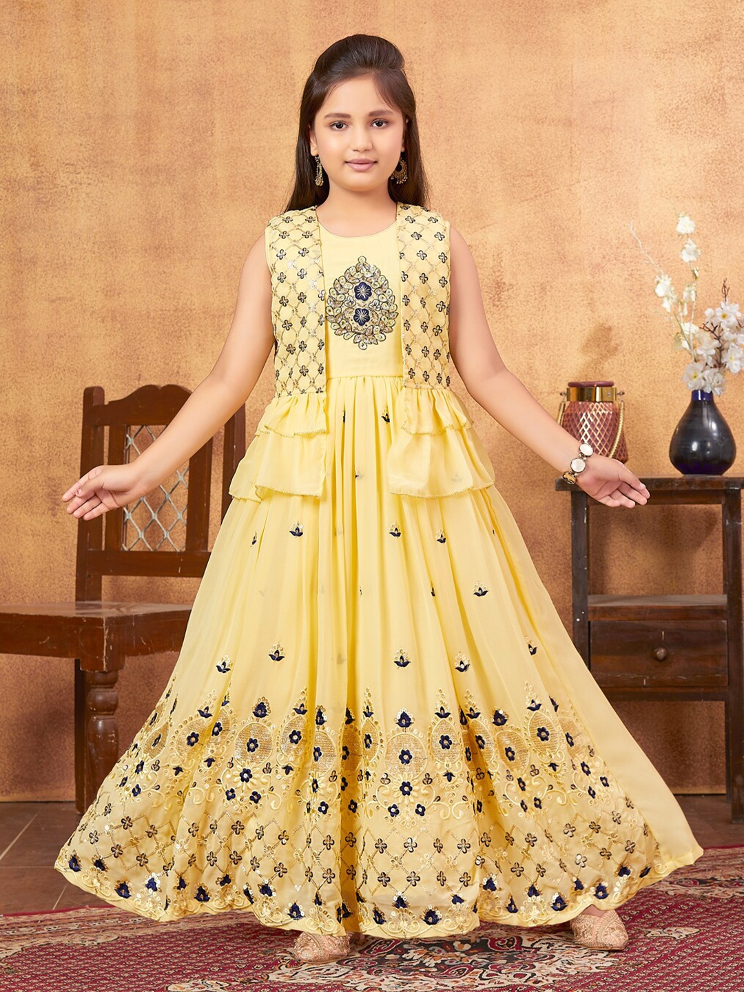 

Aarika Girls Floral Embroidered Sleeveless Georgette Ethnic Dress, Yellow