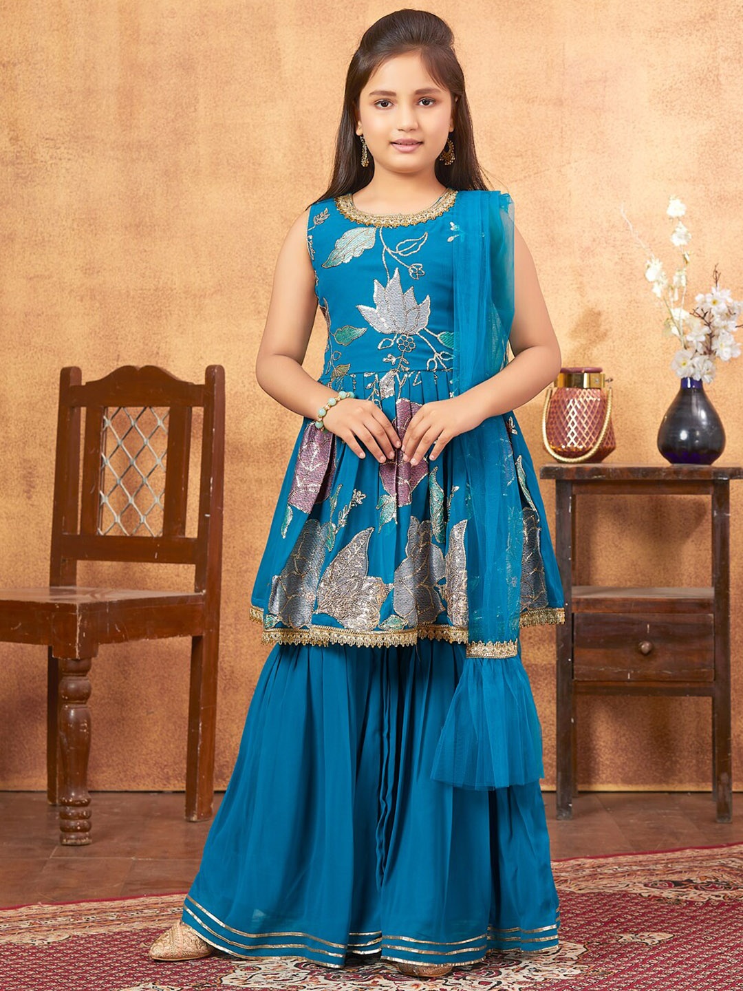 

Aarika Girls Floral Printed Empire Sequinned Georgette Kurta With Sharara & Dupatta, Turquoise blue