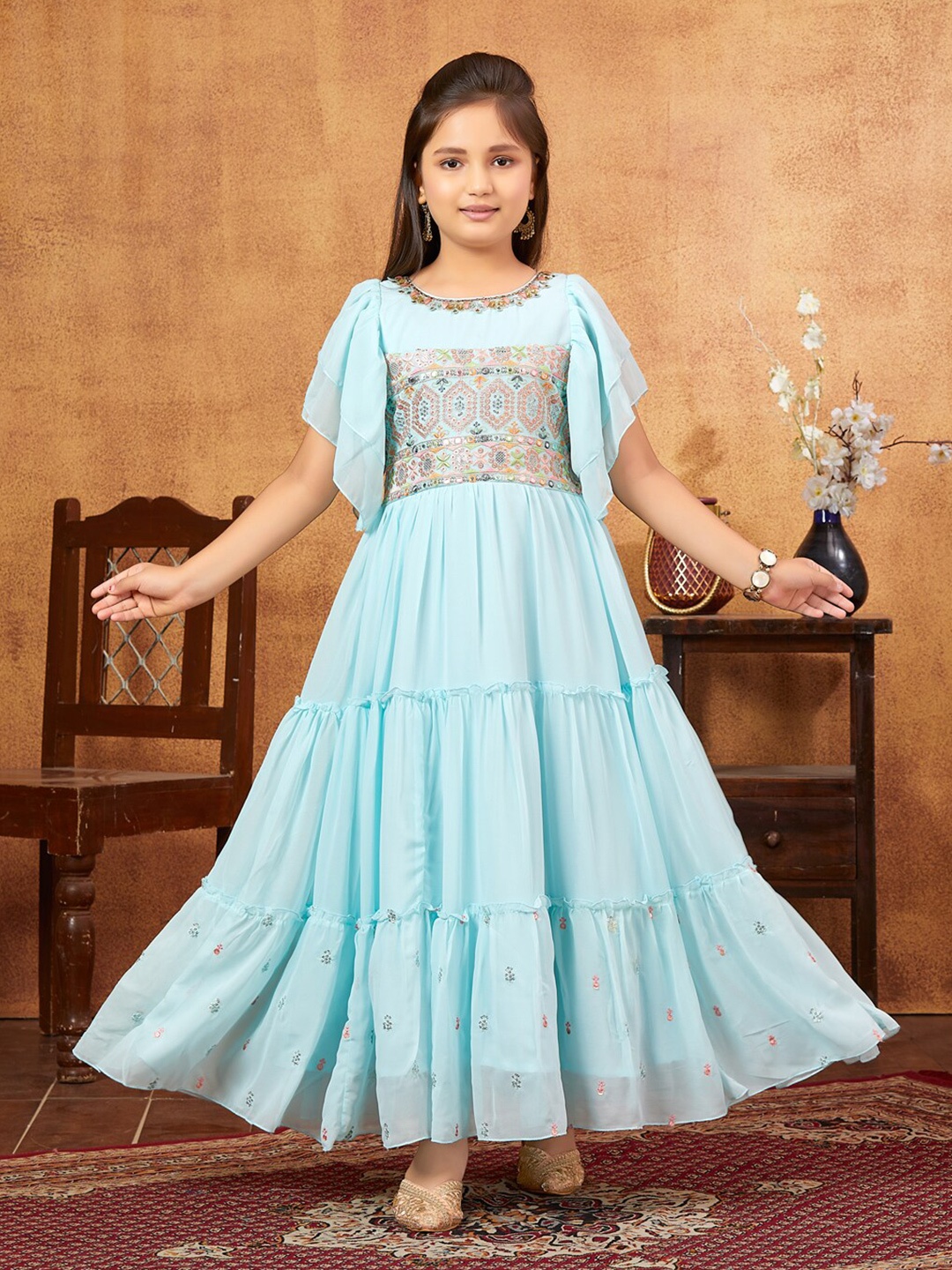 

Aarika Girls Ethnic Motifs Embroidered Georgette Fit and Flare Maxi Ethnic Dress, Turquoise blue