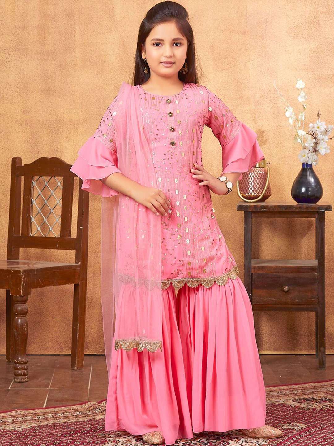 

Aarika Girls Striped Embroidered Regular Sequinned Kurta With Sharara & Dupatta, Pink