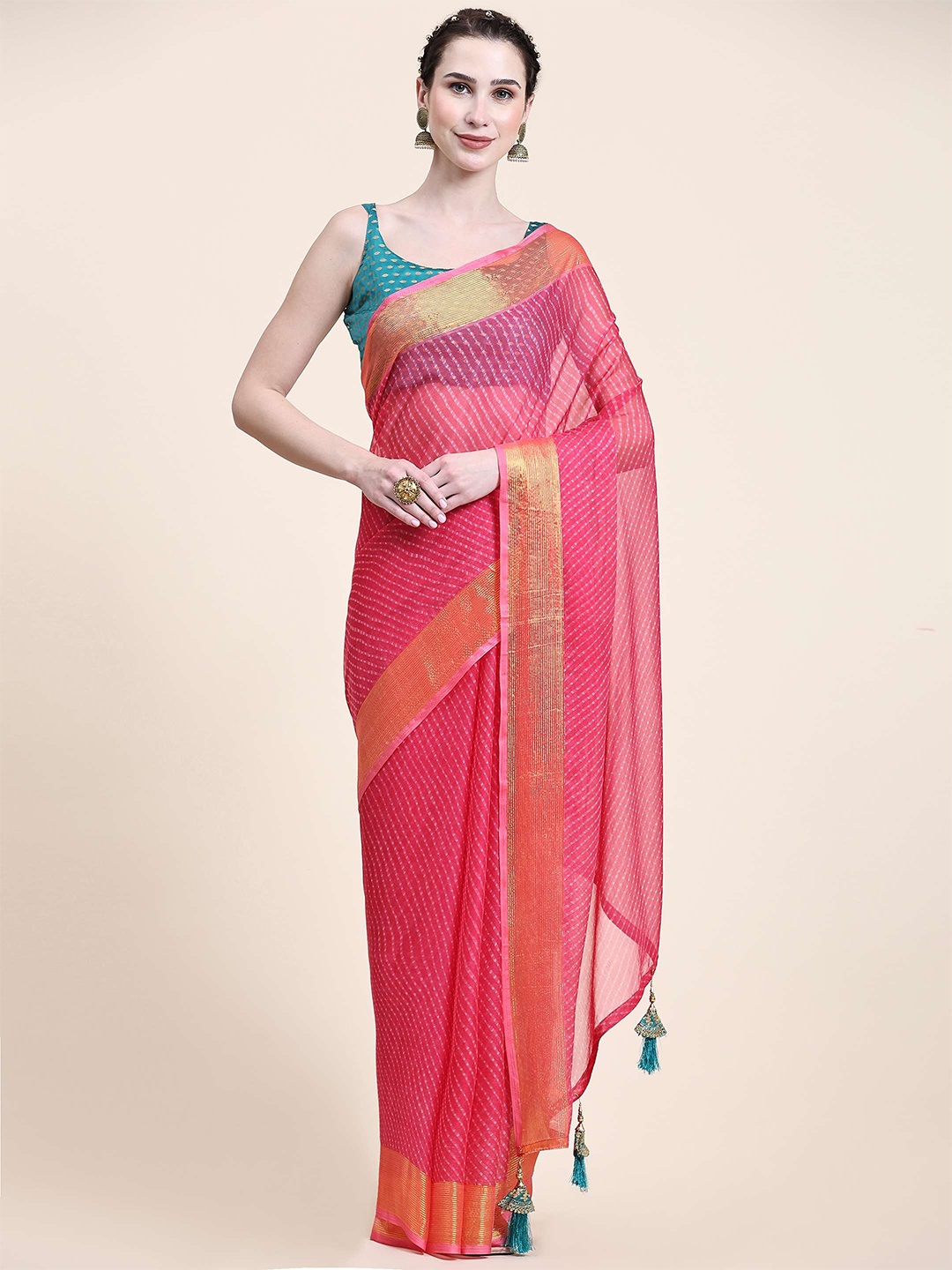 

Rujave Leheriya Printed Zari Saree, Peach