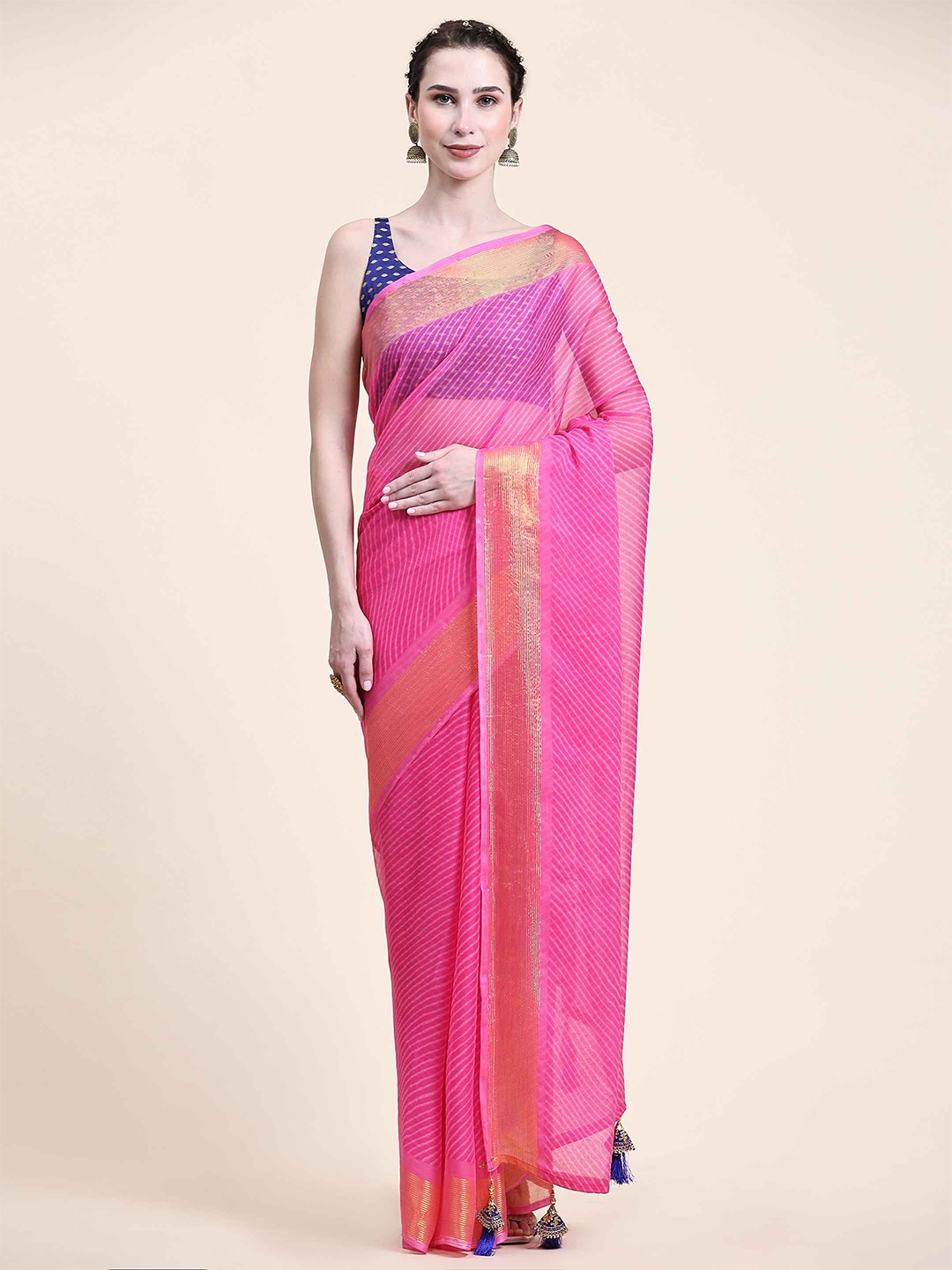 

Rujave Leheriya Printed Zari Saree, Pink