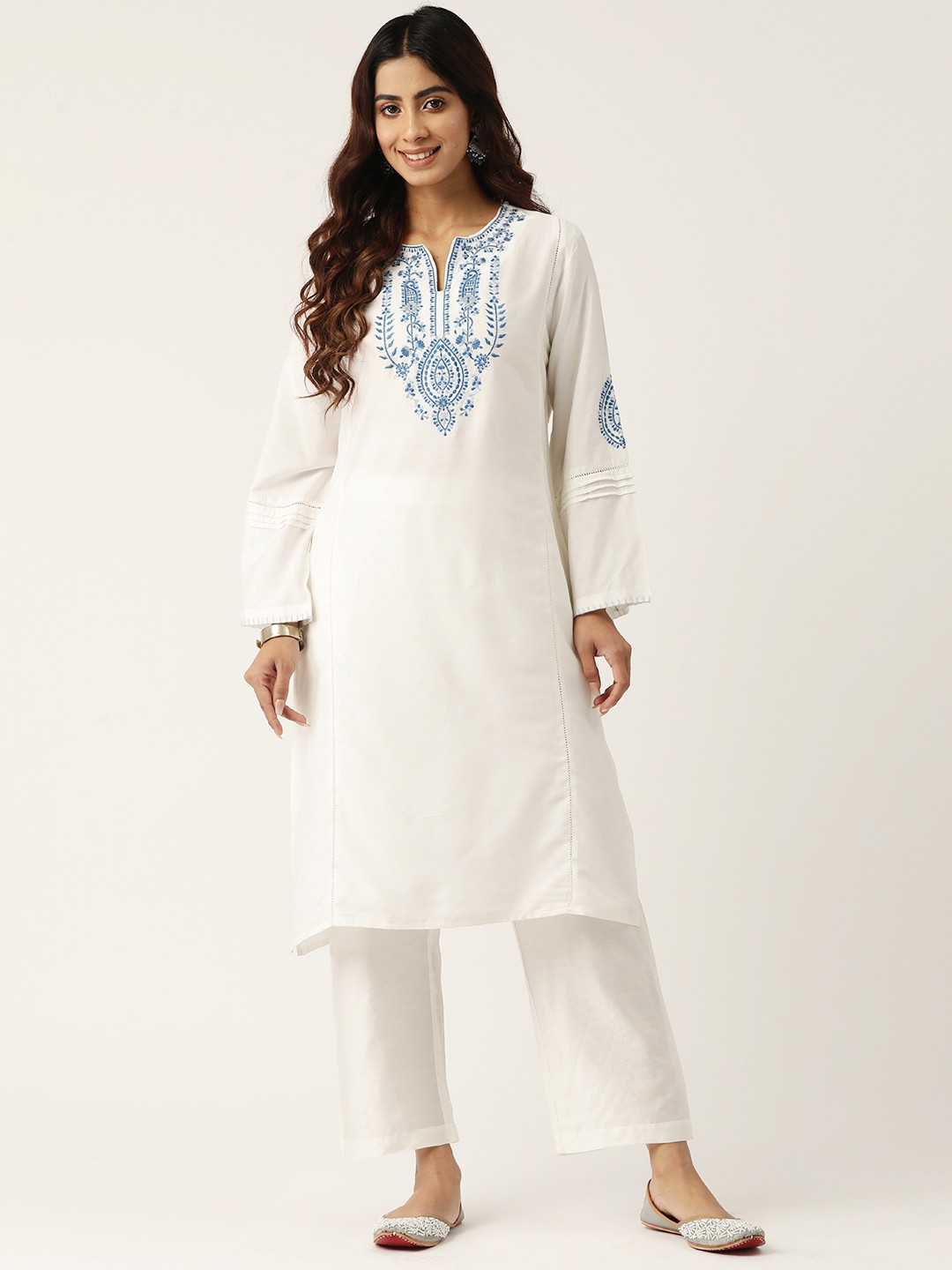 

MISRI Floral Embroidered Regular Sequinned Kurta with Trousers, White