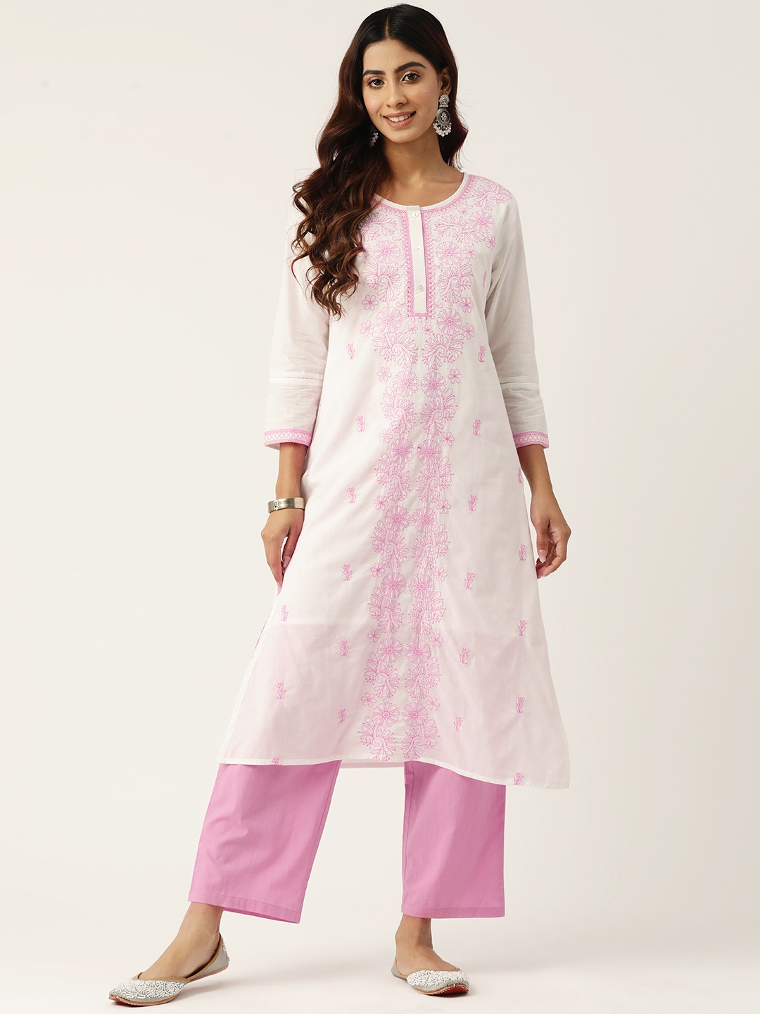 

MISRI Floral Embroidered Regular Thread Work Pure Cotton Kurta with Trousers, White