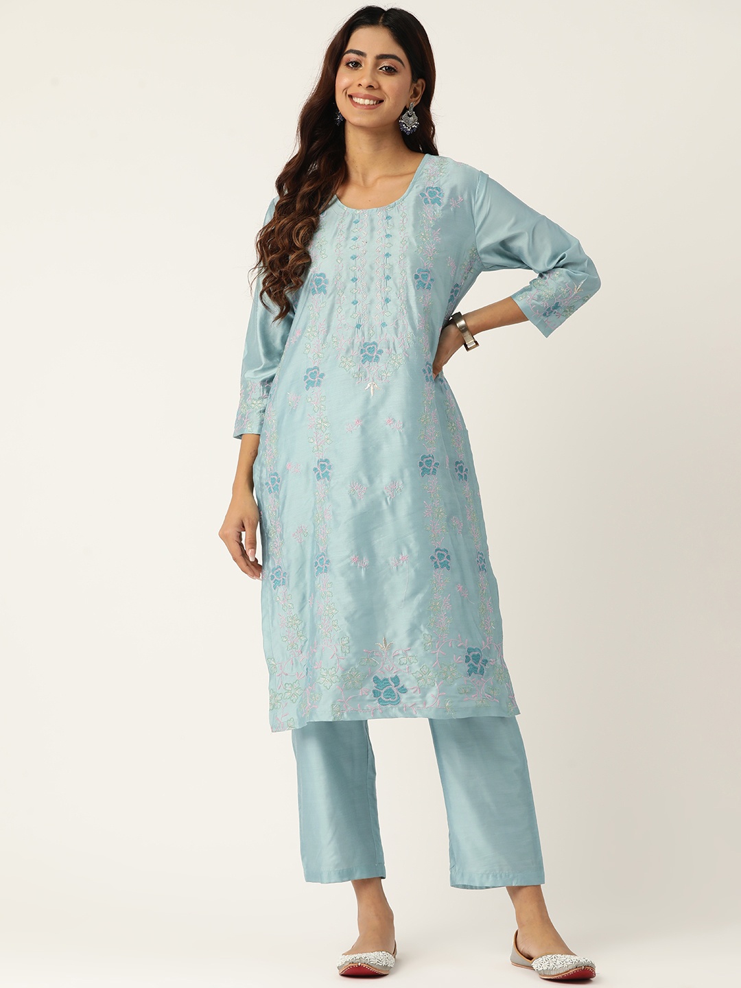 

MISRI Floral Embroidered Regular Sequinned Pure Cotton Kurta with Trousers, Turquoise blue