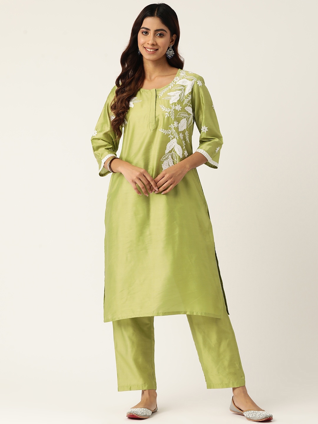

MISRI Women Floral Embroidered Thread Work Pure Cotton Kurta with Trousers, Green