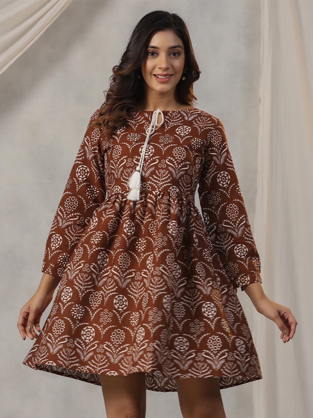 

Amirah s Floral Printed Tie-Up Neck Pure Cotton Fit & Flare Dress, Brown