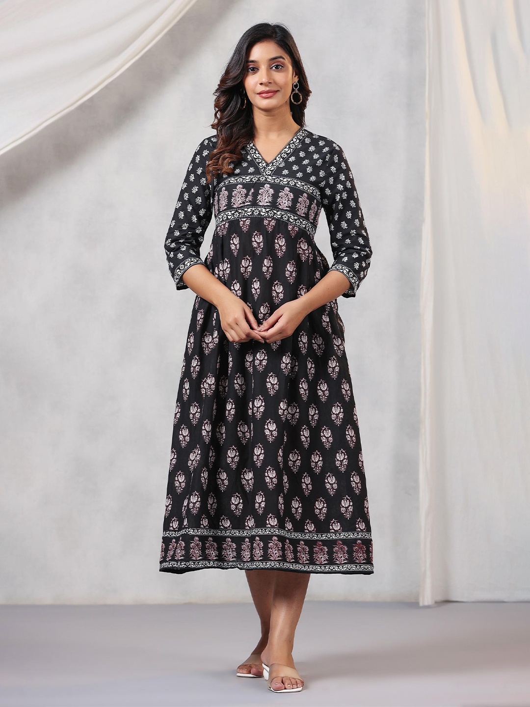 

Amirah s Floral Printed V-Neck Pure Cotton Fit & Flare Dress, Black
