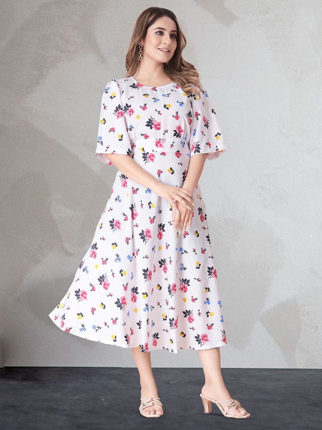 

N N ENTERPRISE Floral Printed A-Line Cotton Midi Dress, White