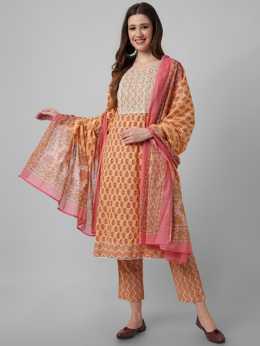 

PURVIJA KURTIES Floral Printed Pure Cotton Thread Work Kurta With Trouser & Dupatta, Peach