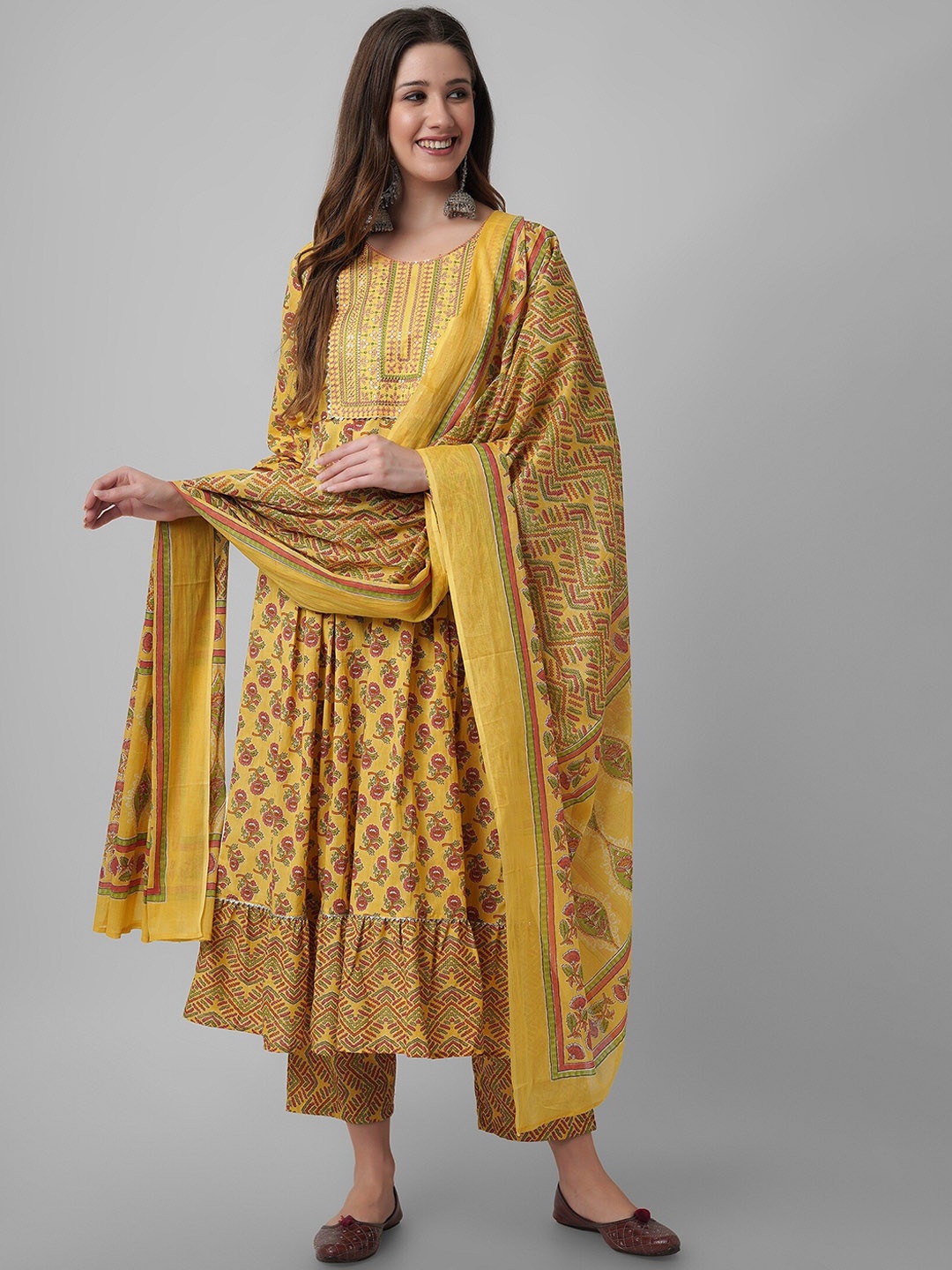 

PURVIJA KURTIES Floral Printed Pure Cotton Anarkali Kurta With Trouser & Dupatta, Mustard