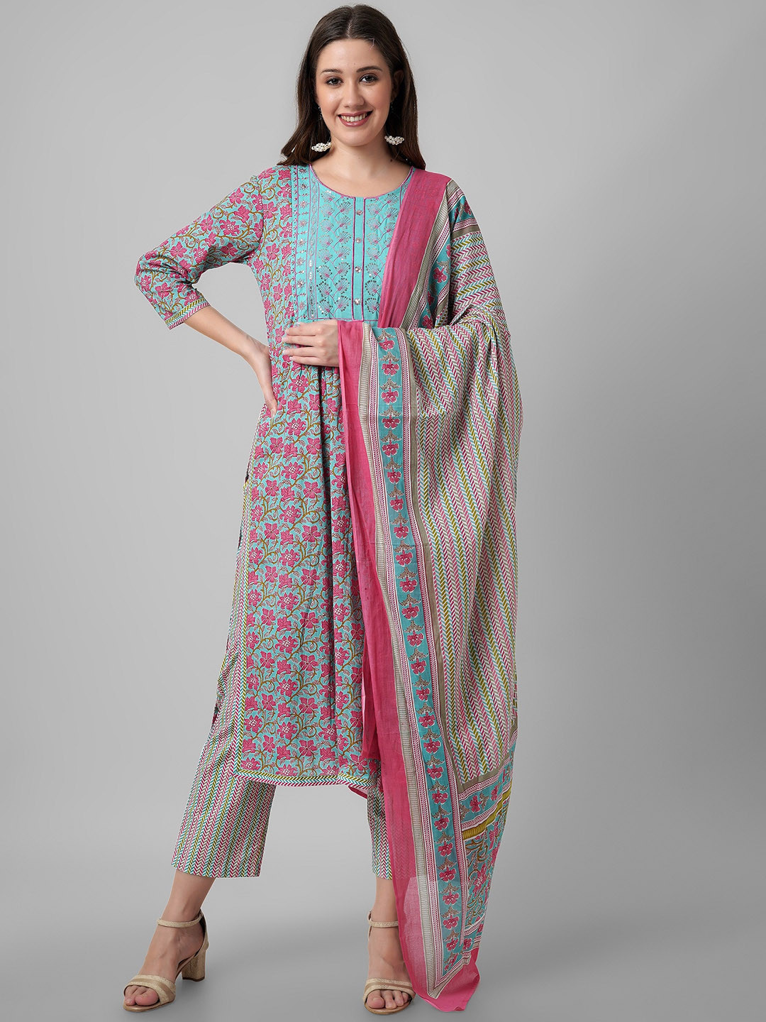 

PURVIJA KURTIES Floral Printed Pure Cotton High Slit Kurta With Trouser & Dupatta, Pink
