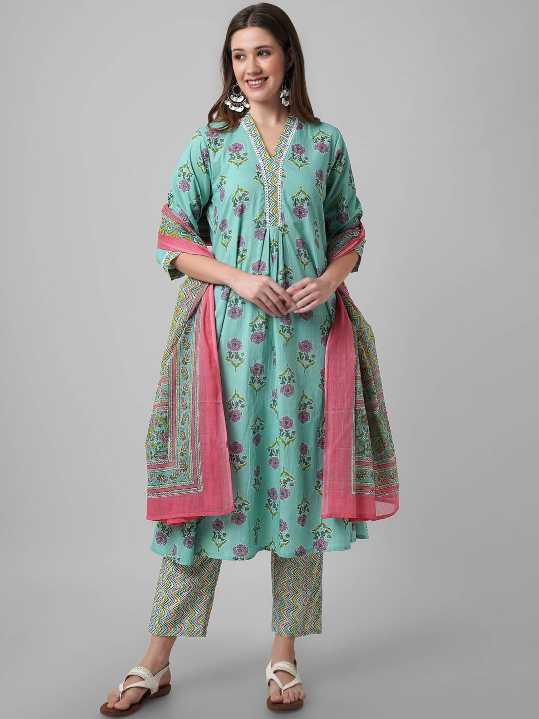 

PURVIJA KURTIES Floral Printed Pure Cotton Lace Anarkali Kurta With Trouser & Dupatta, Green
