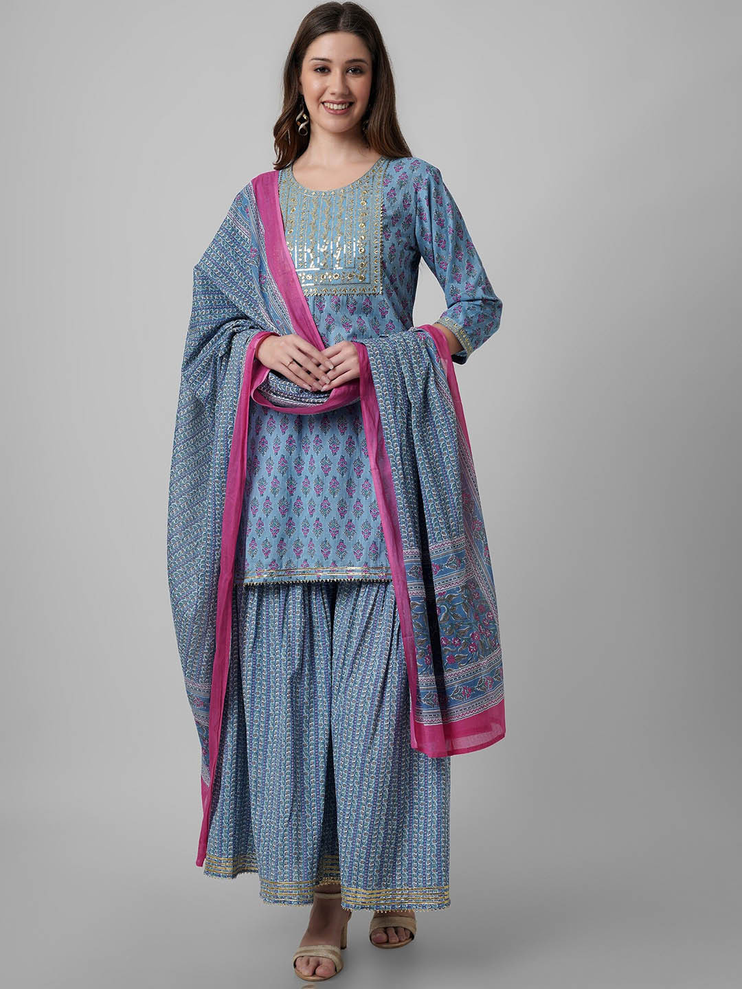 

PURVIJA KURTIES loral Printed Pure Cotton Thread Work Kurta With Trouser & Dupatta, Blue
