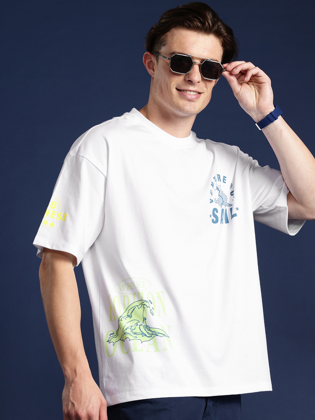

Mast & Harbour Printed Drop-Shoulder Sleeves Relaxed T-shirt, White