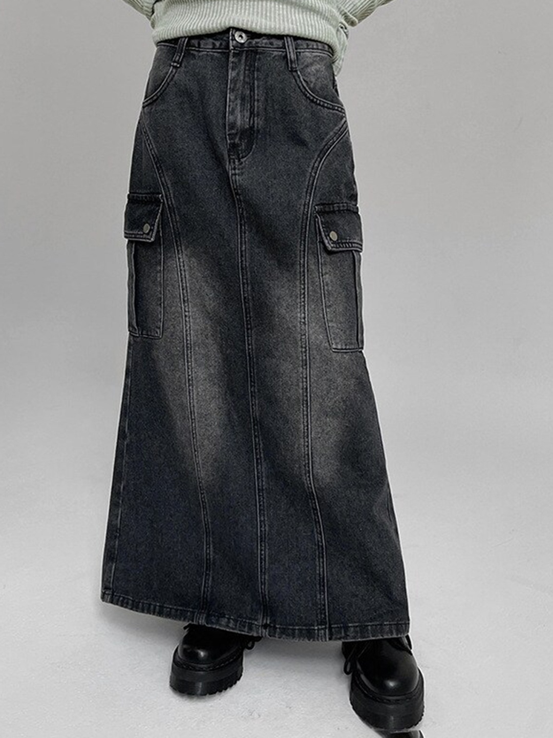

StyleCast Frayed Denim Straight Maxi Skirt, Black
