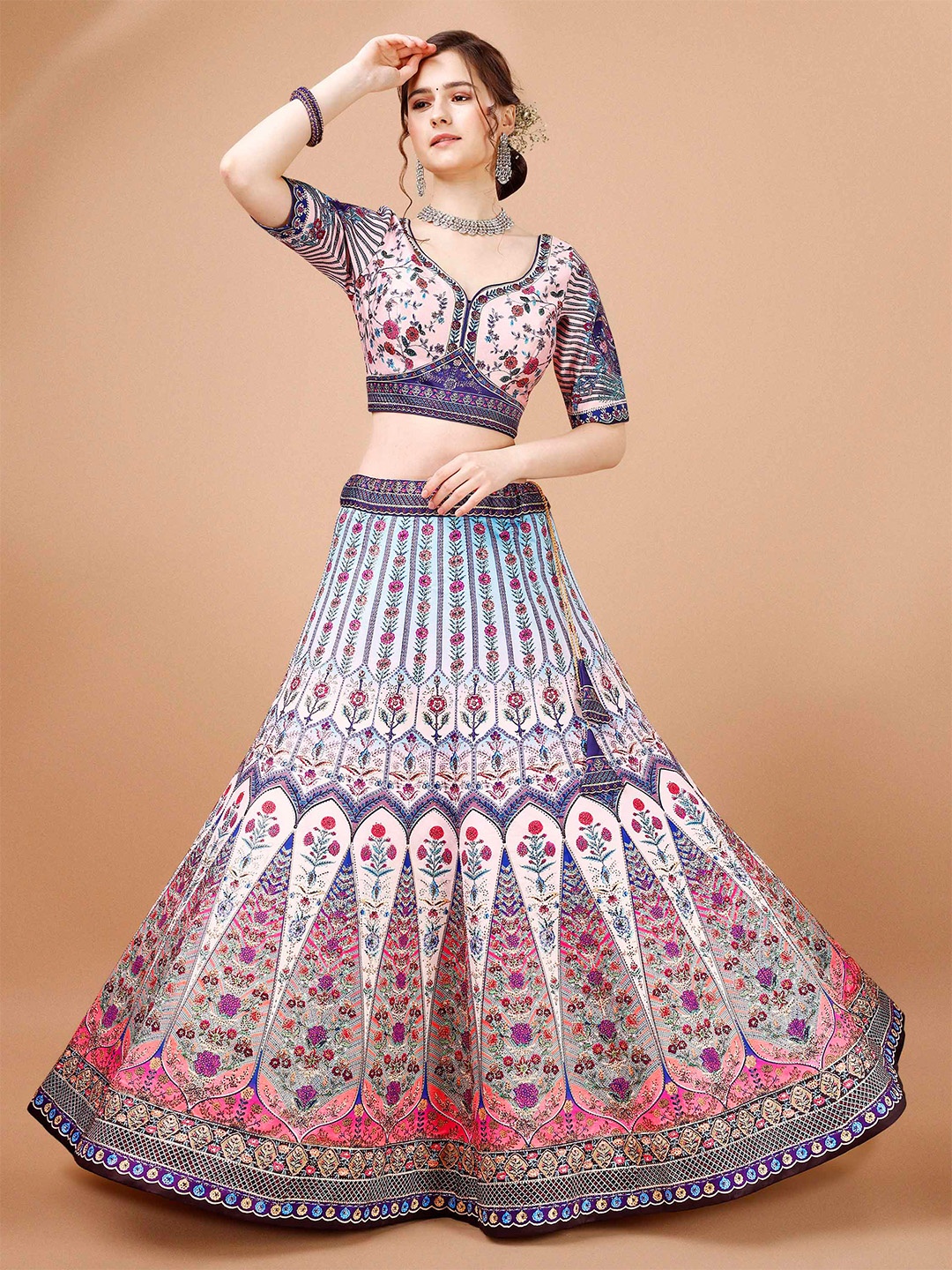 

SAPTRANGI Ethnic Motifs Printed Ready to Wear Lehenga & Blouse With Dupatta, Blue
