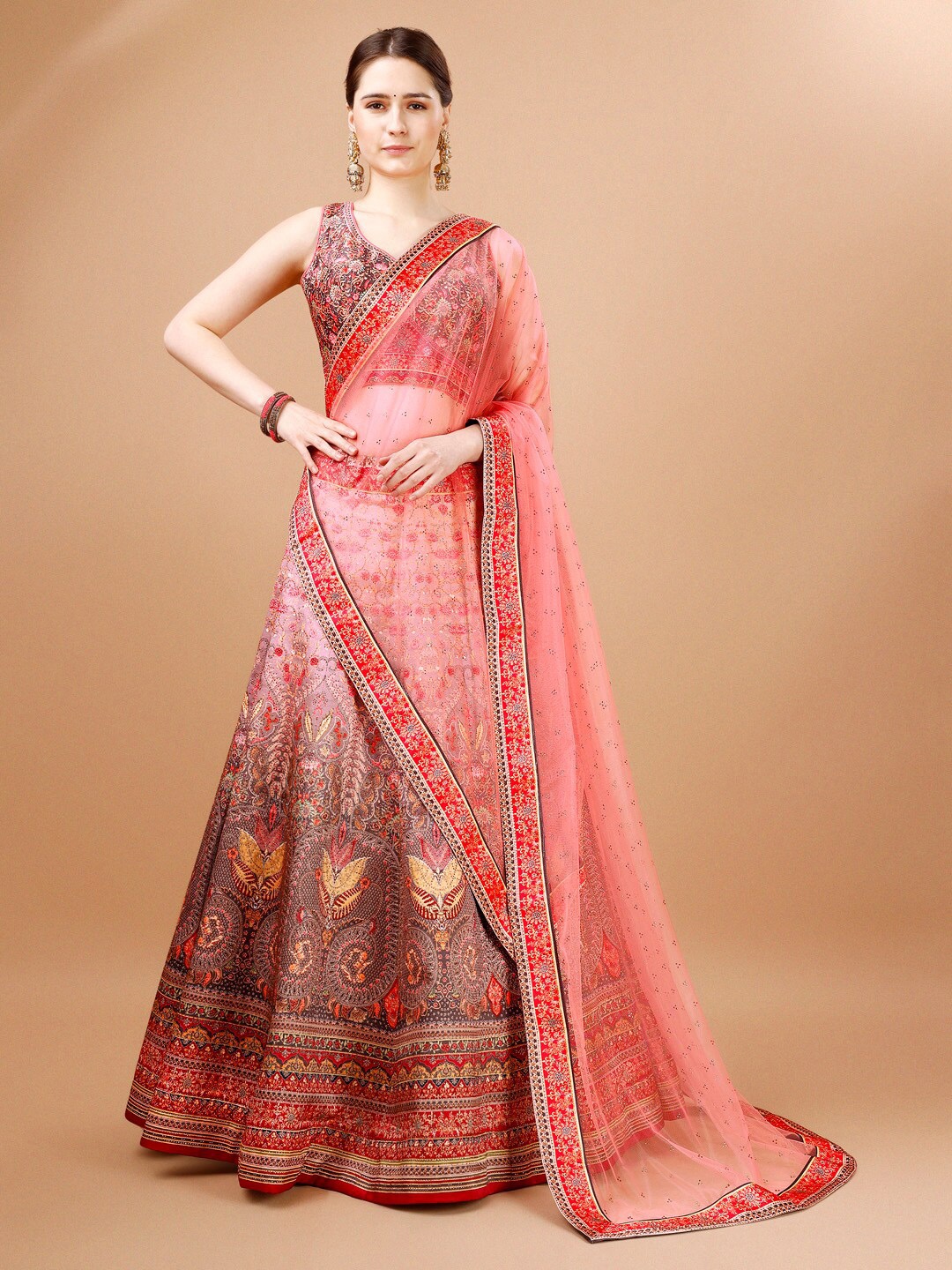 

SAPTRANGI Ethnic Motifs Printed Ready to Wear Lehenga & Blouse With Dupatta, Pink