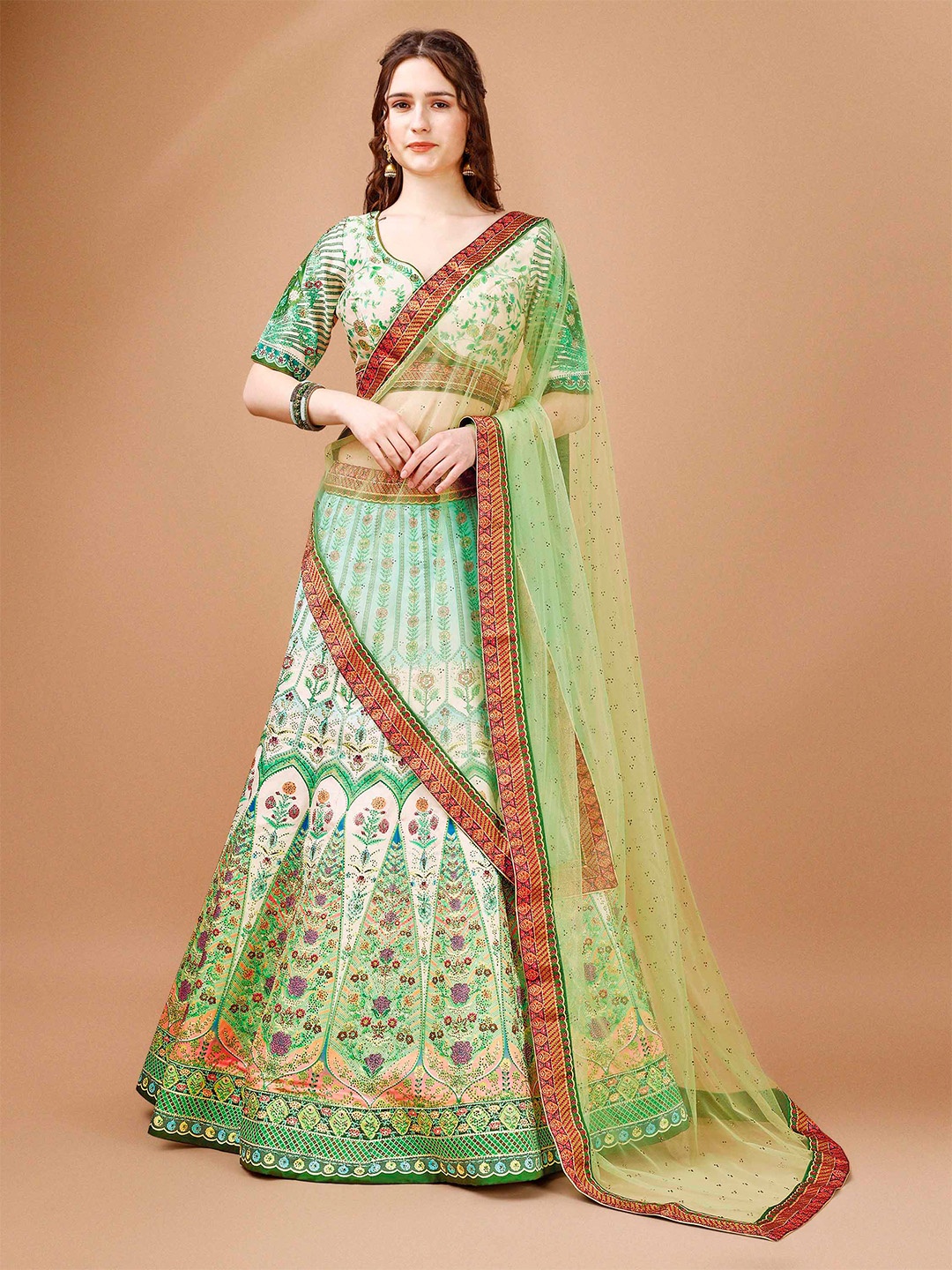 

SAPTRANGI Ethnic Motifs Printed Ready to Wear Lehenga & Blouse With Dupatta, Green
