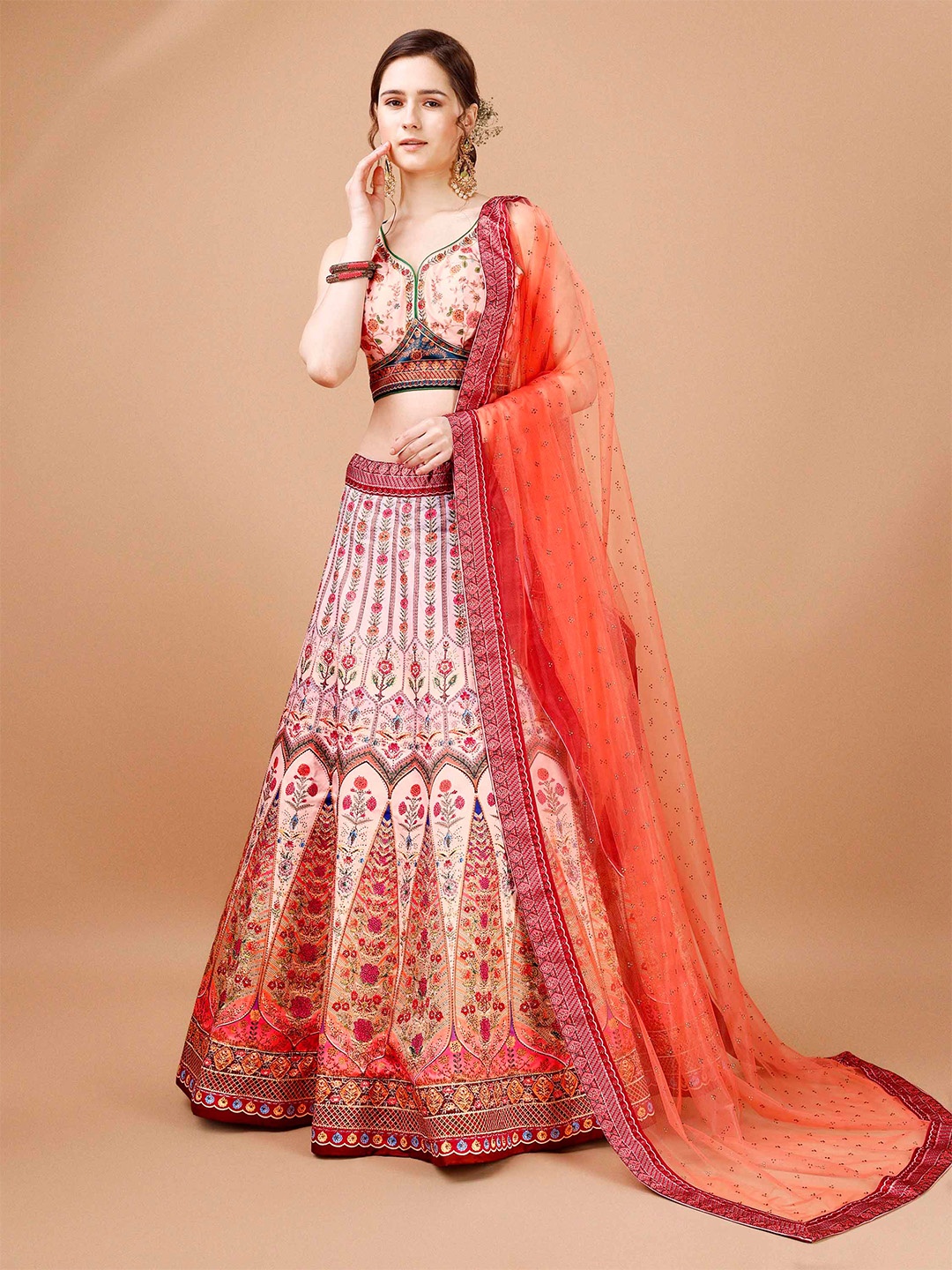 

SAPTRANGI Ethnic Motifs Printed Ready to Wear Lehenga & Blouse With Dupatta, Peach