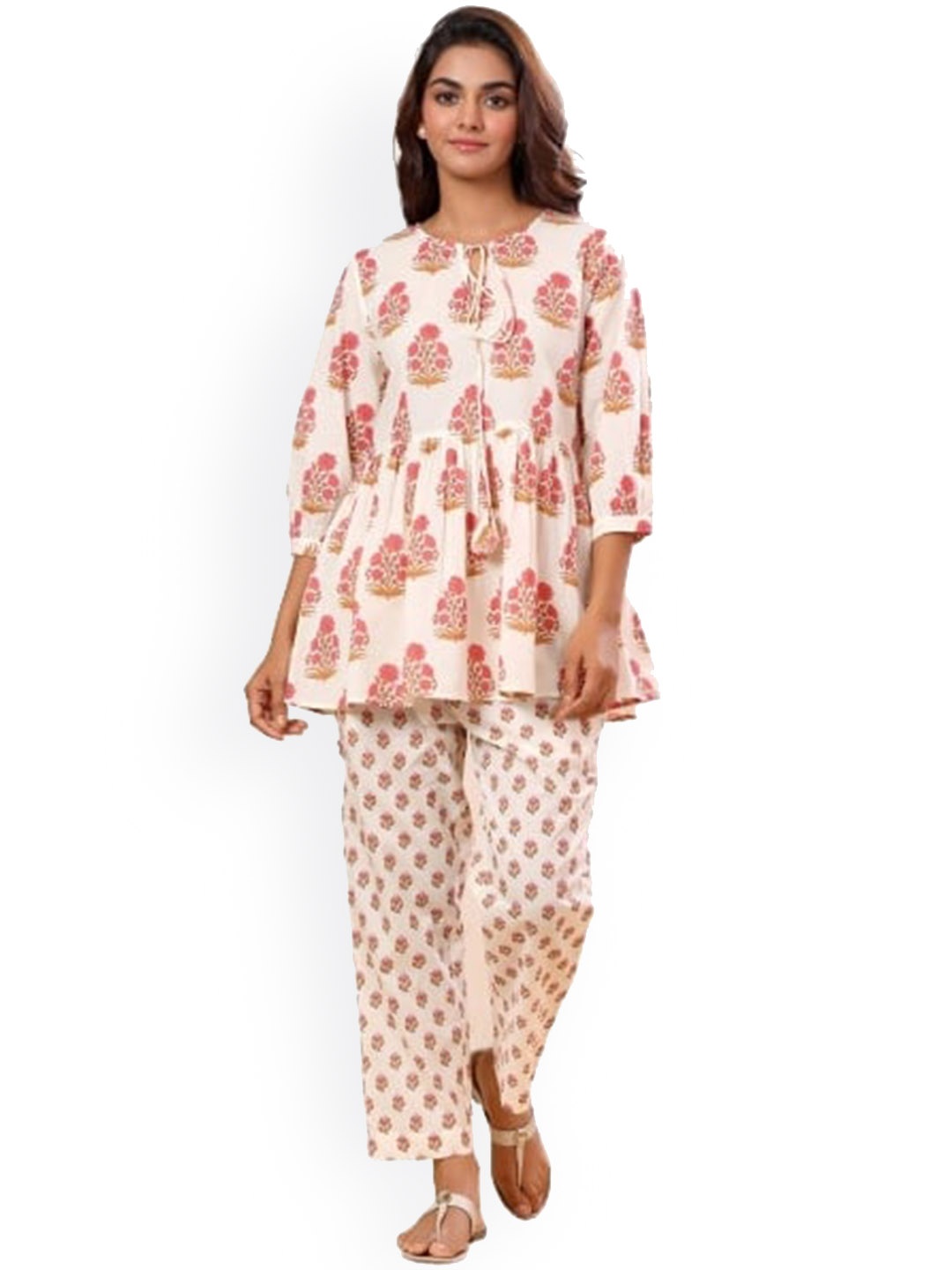 

Sangria Ethnic Motifs Printed Pure Cotton Peplum Top & Trouser, Pink
