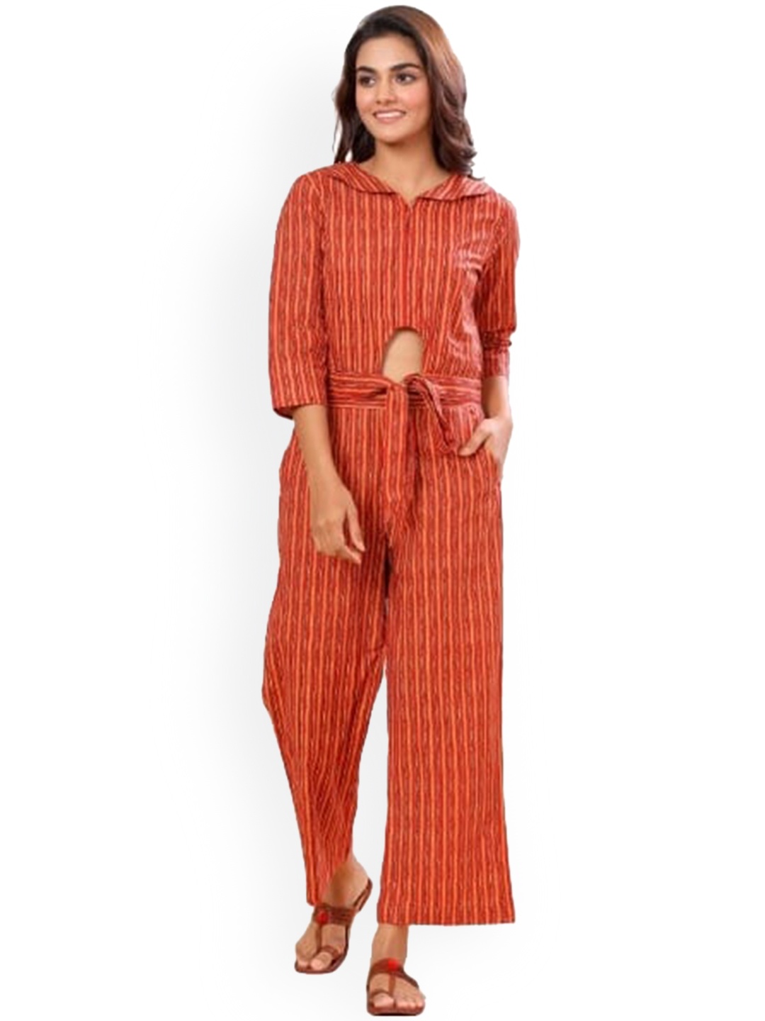 

Sangria Striped Pure Cotton Top & Trousers Set, Orange