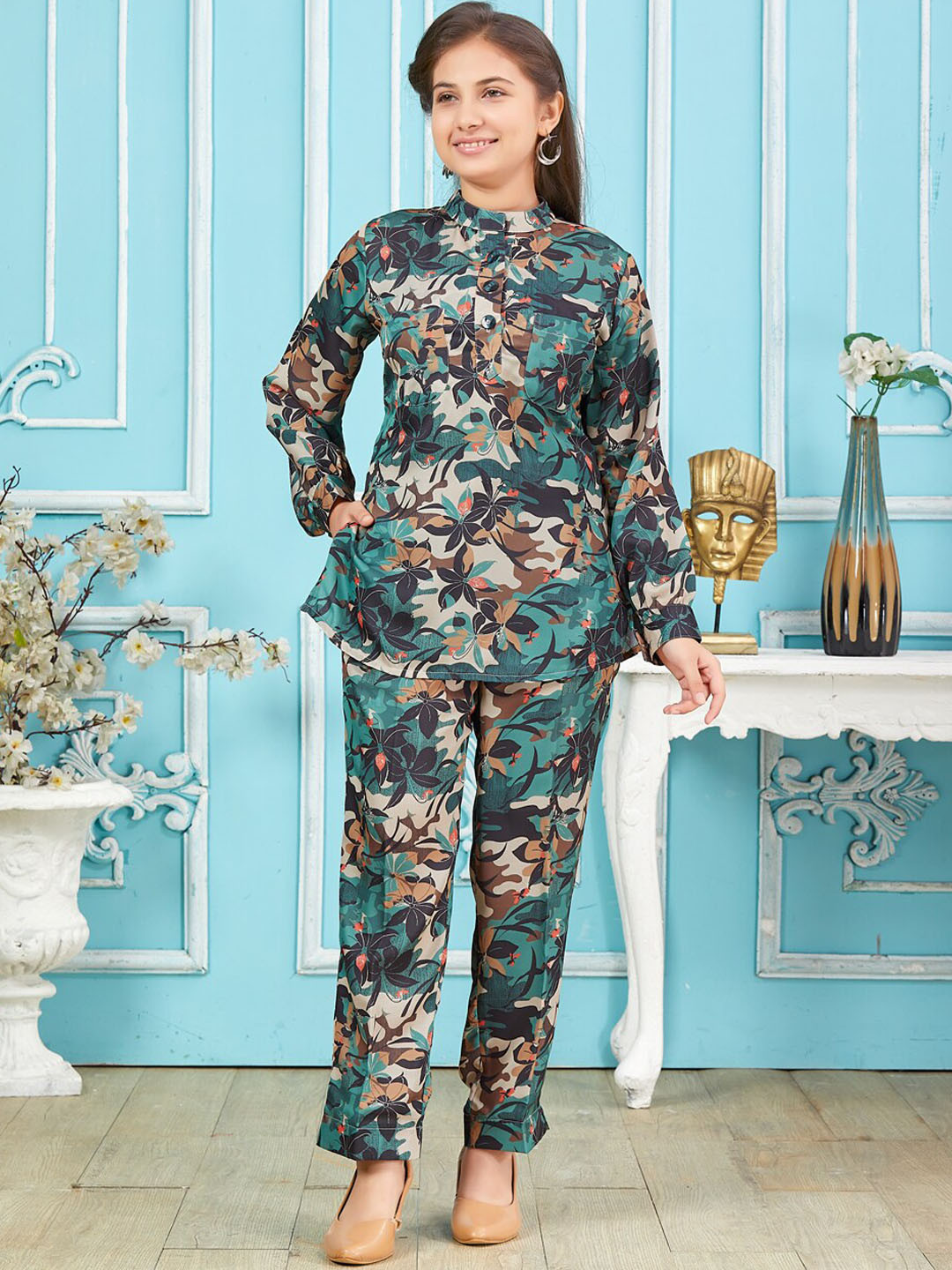

Aarika Girls Floral Printed Tunic With Trouser Co-Ords, Blue