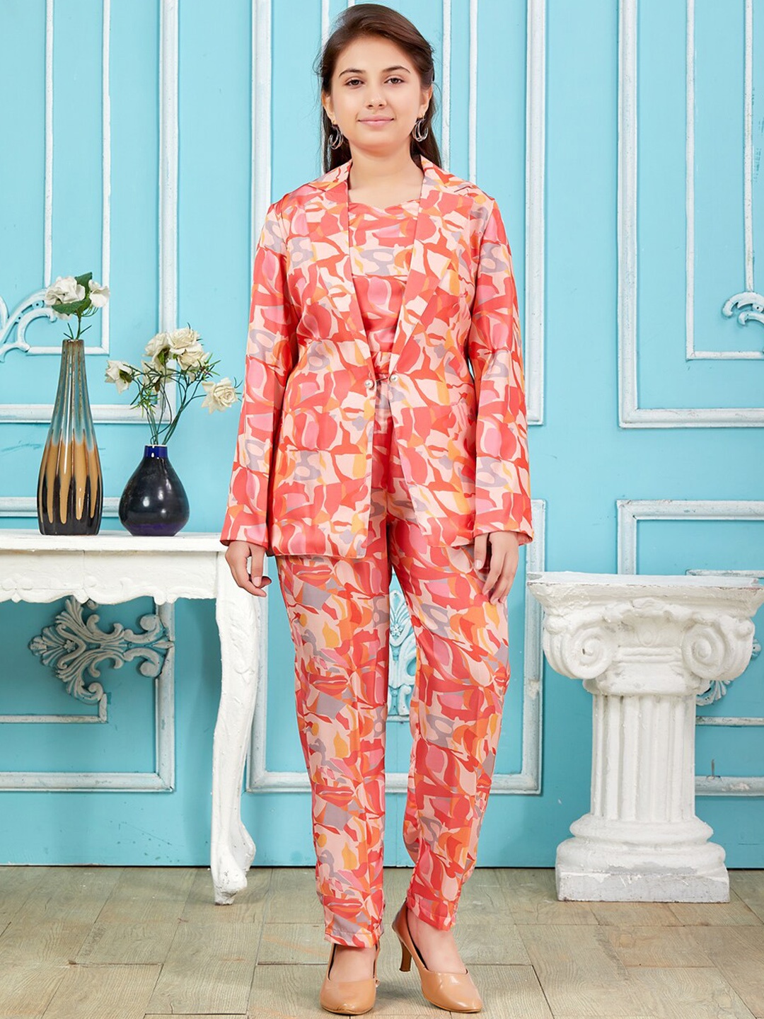

Aarika Girls Floral Printed Pure Silk Crop Top With Trouser & Blazer, Orange