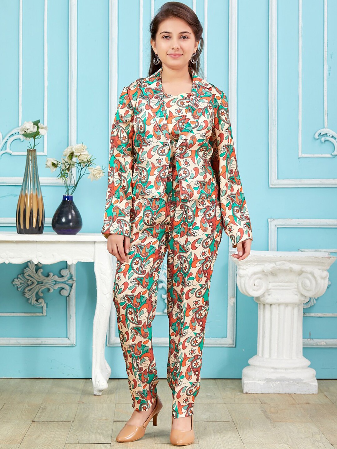 

Aarika Girls Floral Printed Pure Silk Crop Top With Trouser & Jacket, Beige