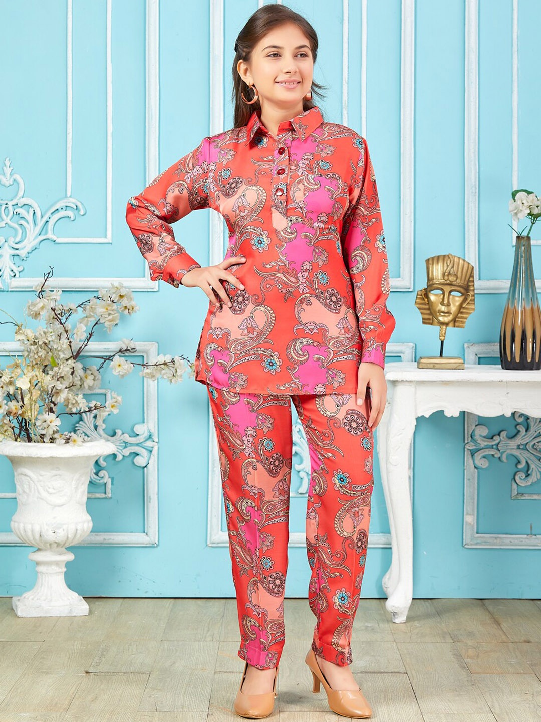 

Aarika Girls Floral Printed Tunic With Trouser Co-Ords, Red