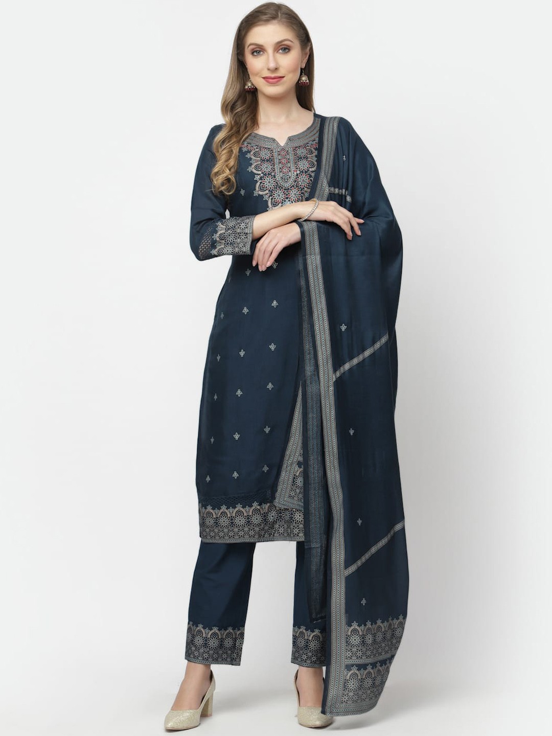 

WEAVERS SAGA Ethnic Motifs Printed Pure Cotton Kurta With Trousers & Dupatta, Blue