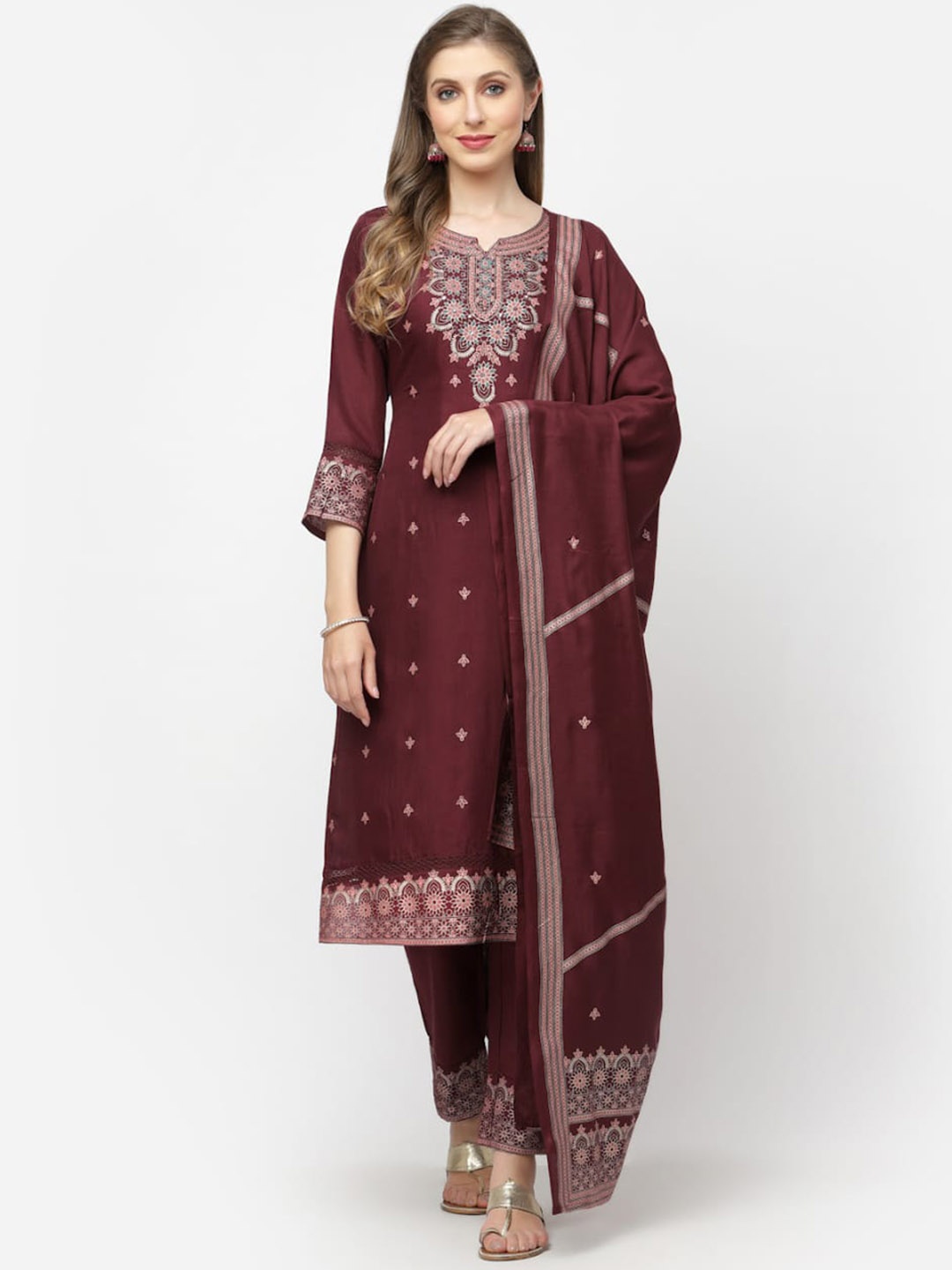 

WEAVERS SAGA Ethnic Motifs Printed Pure Cotton Kurta With Trousers & Dupatta, Maroon