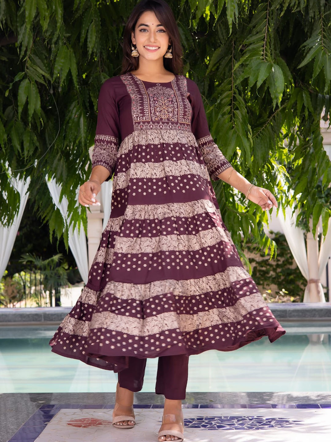 

WEAVERS SAGA Ethnic Motifs Printed A-Line Pure Cotton Kurta With Trousers & Dupatta, Maroon