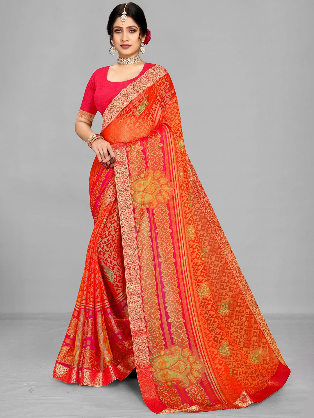 

EMV Ethnic Motifs Printed Zari Detailed Pure Chiffon Saree, Orange