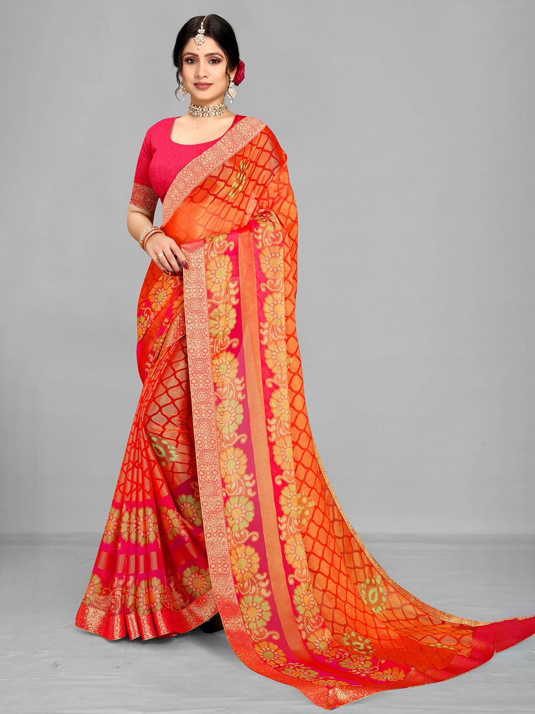 

EMV Ethnic Motifs Printed Zari Detailed Pure Chiffon Saree, Orange