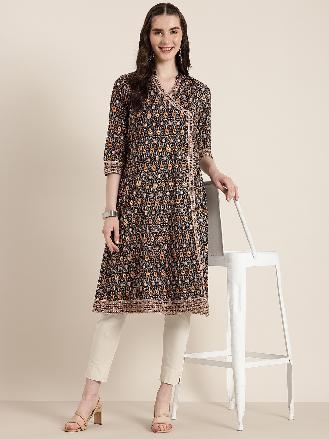 

HERE&NOW Pure Cotton Ethnic Motifs Printed Kurta, Black