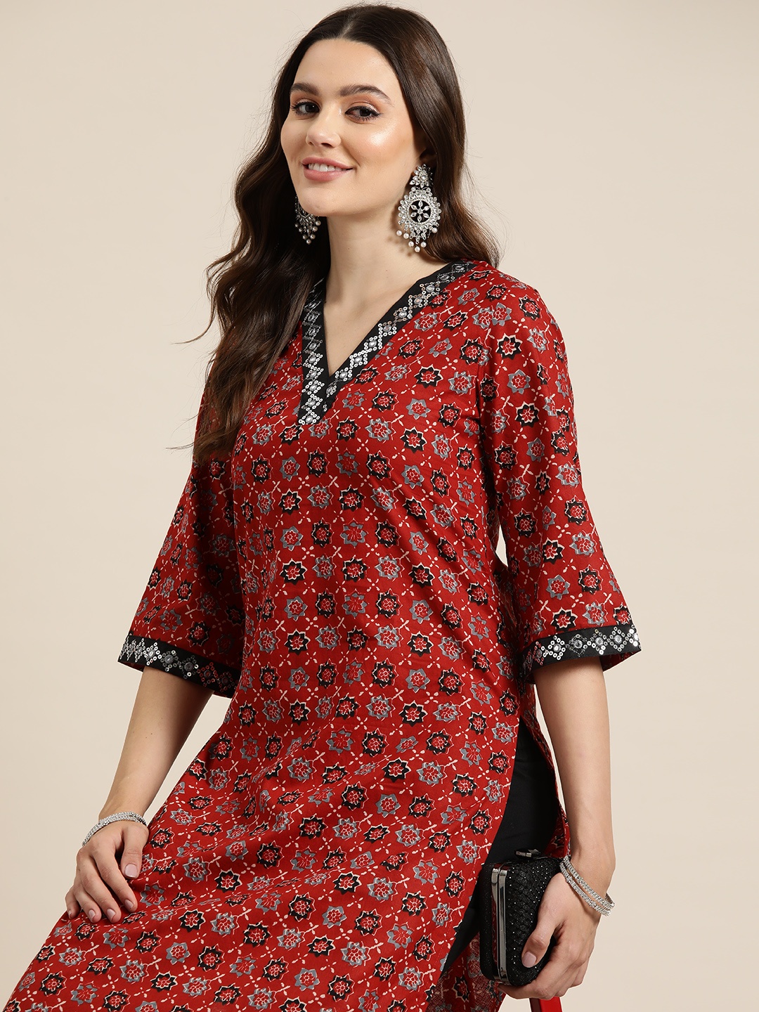 

HERE&NOW Ethnic Motifs Printed Sequinned Kurta, Maroon