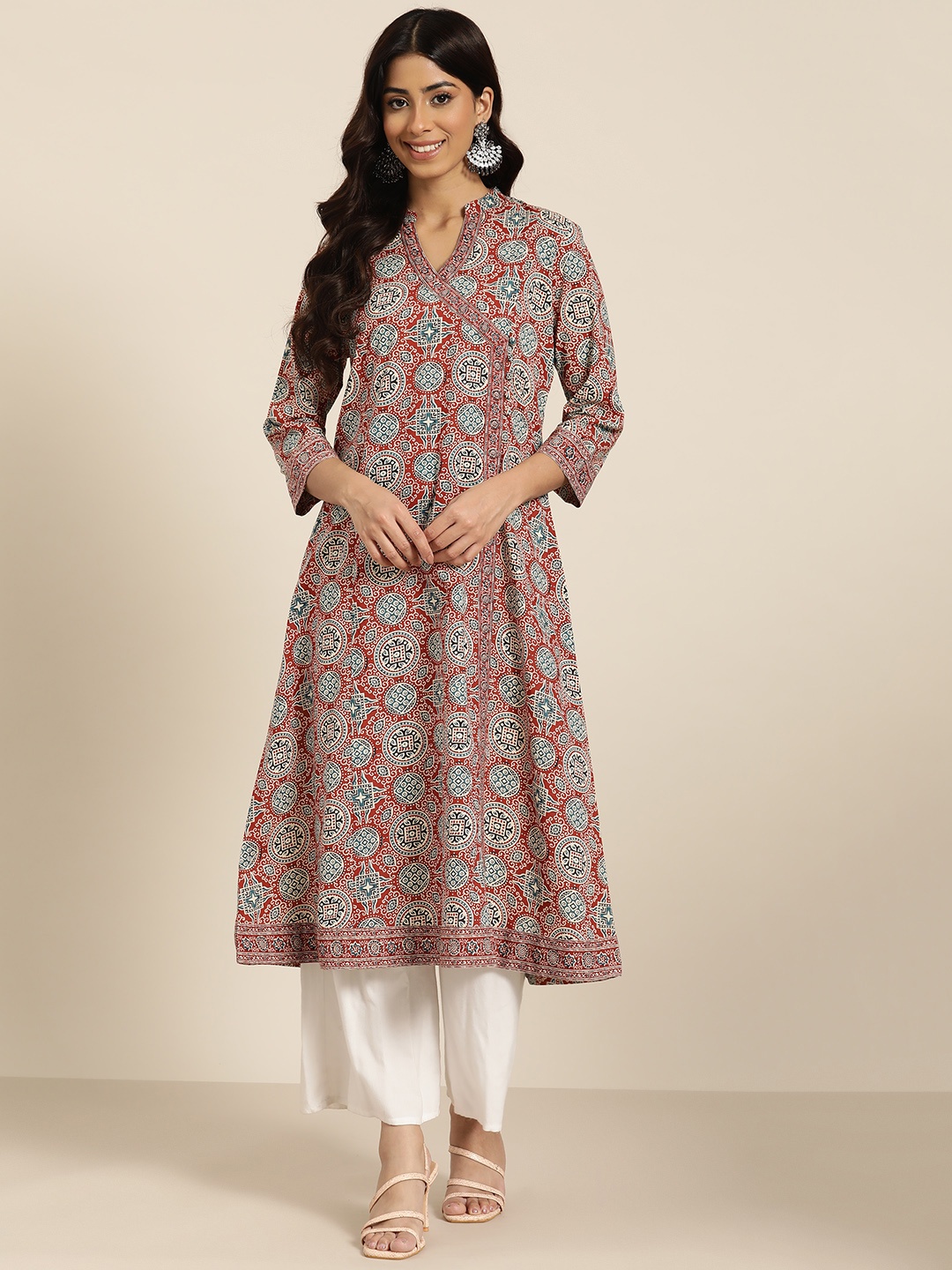 

HERE&NOW Ethnic Motifs Printed Pure Cotton Angrakha Kurta, Maroon