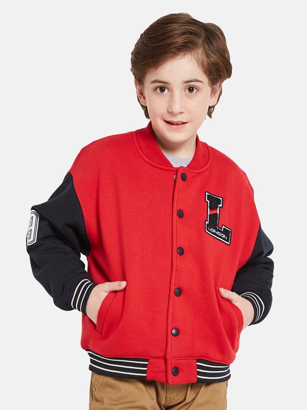 

Octave Boys Colourblocked Stand Collar Fleece Varsity Jacket, Red