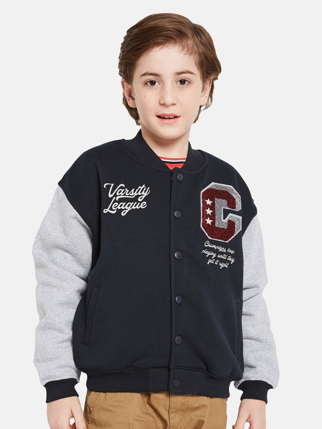

Octave Boys Colourblocked Stand Collar Fleece Varsity Jacket, Navy blue