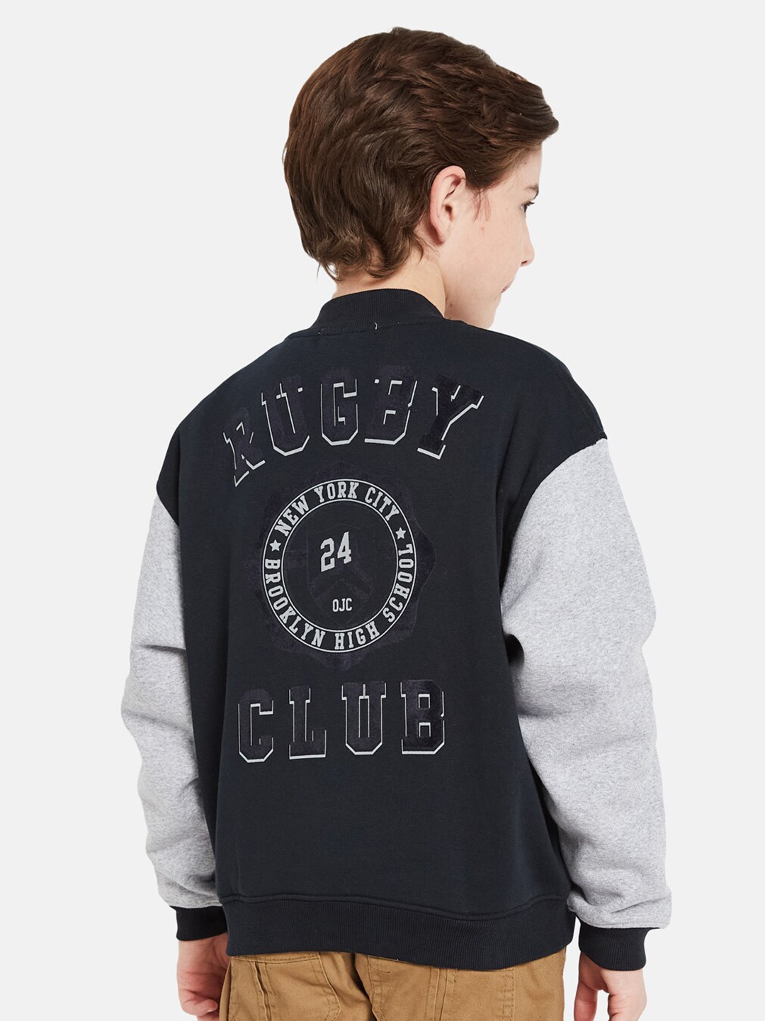 

Octave Boys Colourblocked Stand Collar Fleece Varsity Jacket, Navy blue