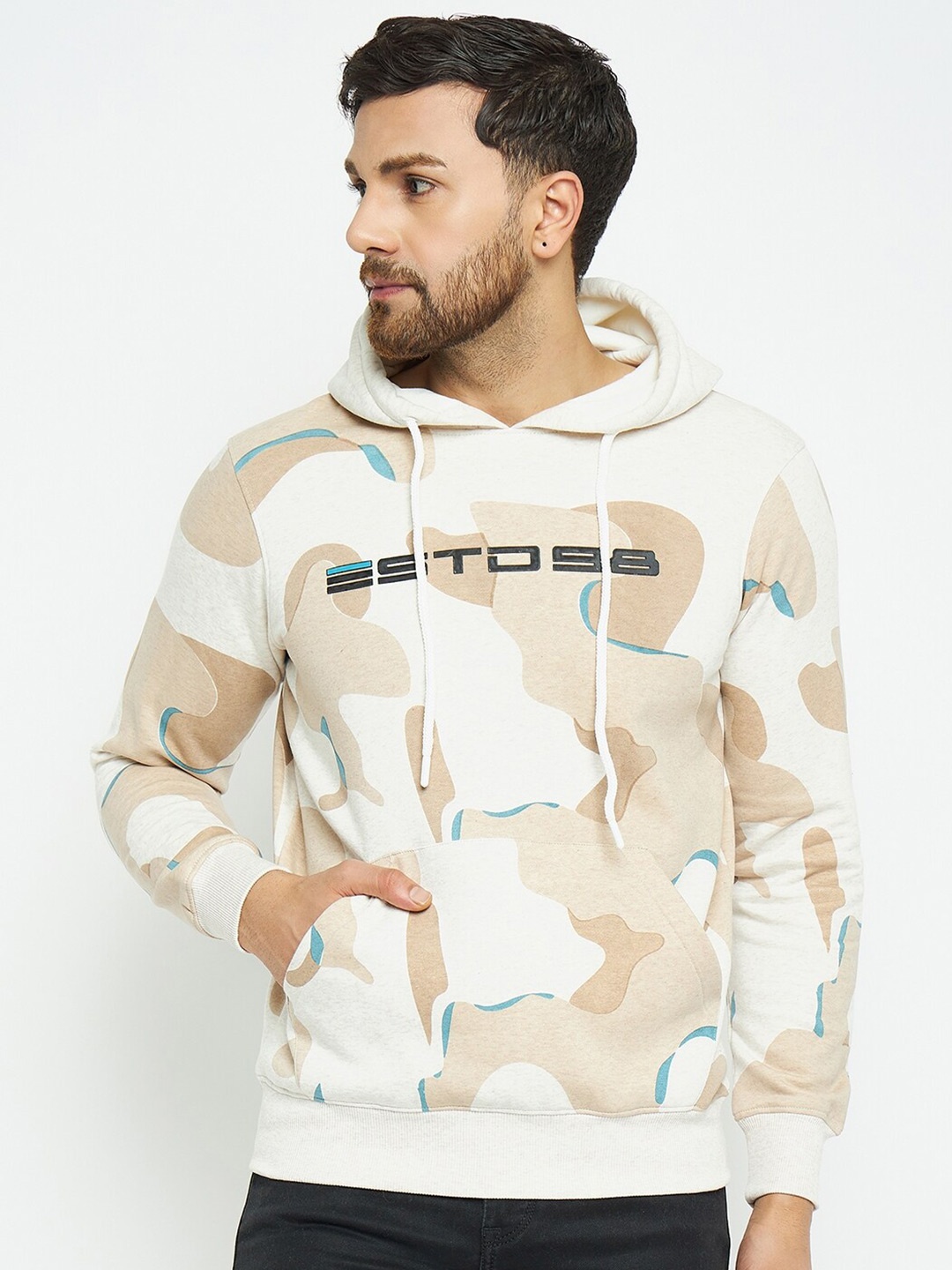 

98 Degree North Abstract Printed Hooded Fleece Pullover Sweatshirt, Off white