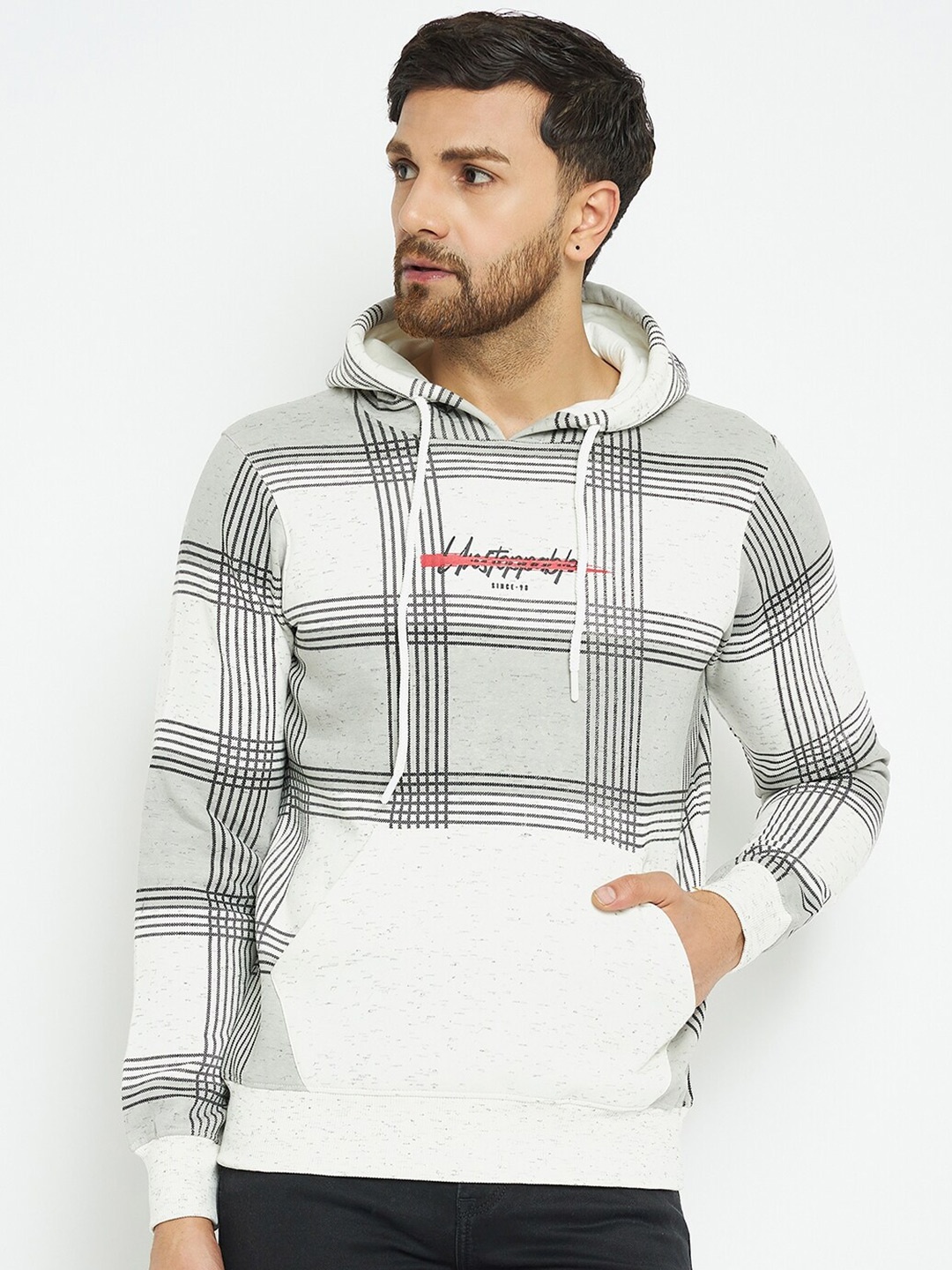 

98 Degree North Checked Hooded Fleece Pullover Sweatshirt, White