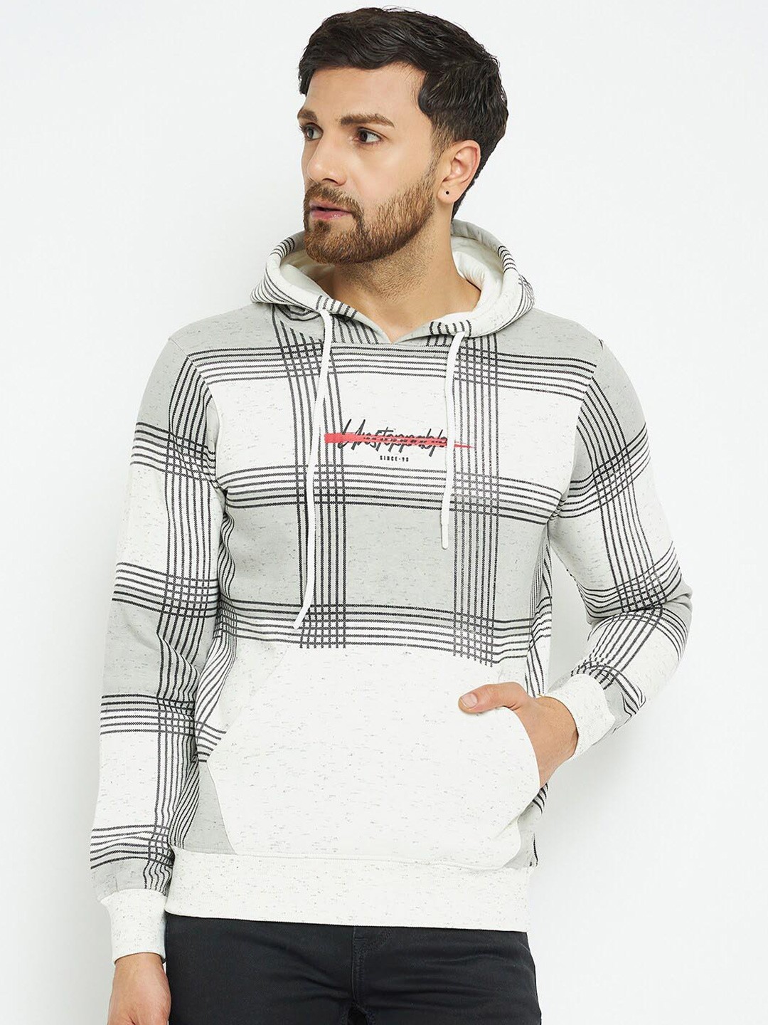 

98 Degree North Checked Hooded Fleece Pullover Sweatshirt, White
